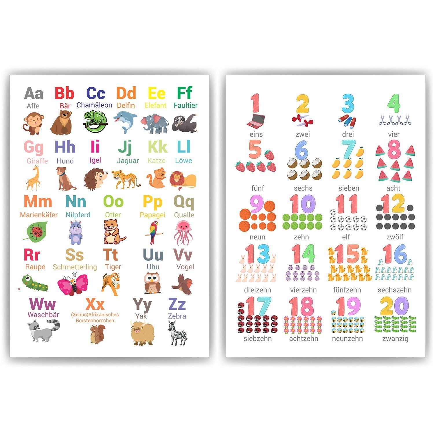 Tigerlino Poster 2er Set Tier ABC, Zahlen Lernposter Kinderzimmer Alphabet günstig online kaufen