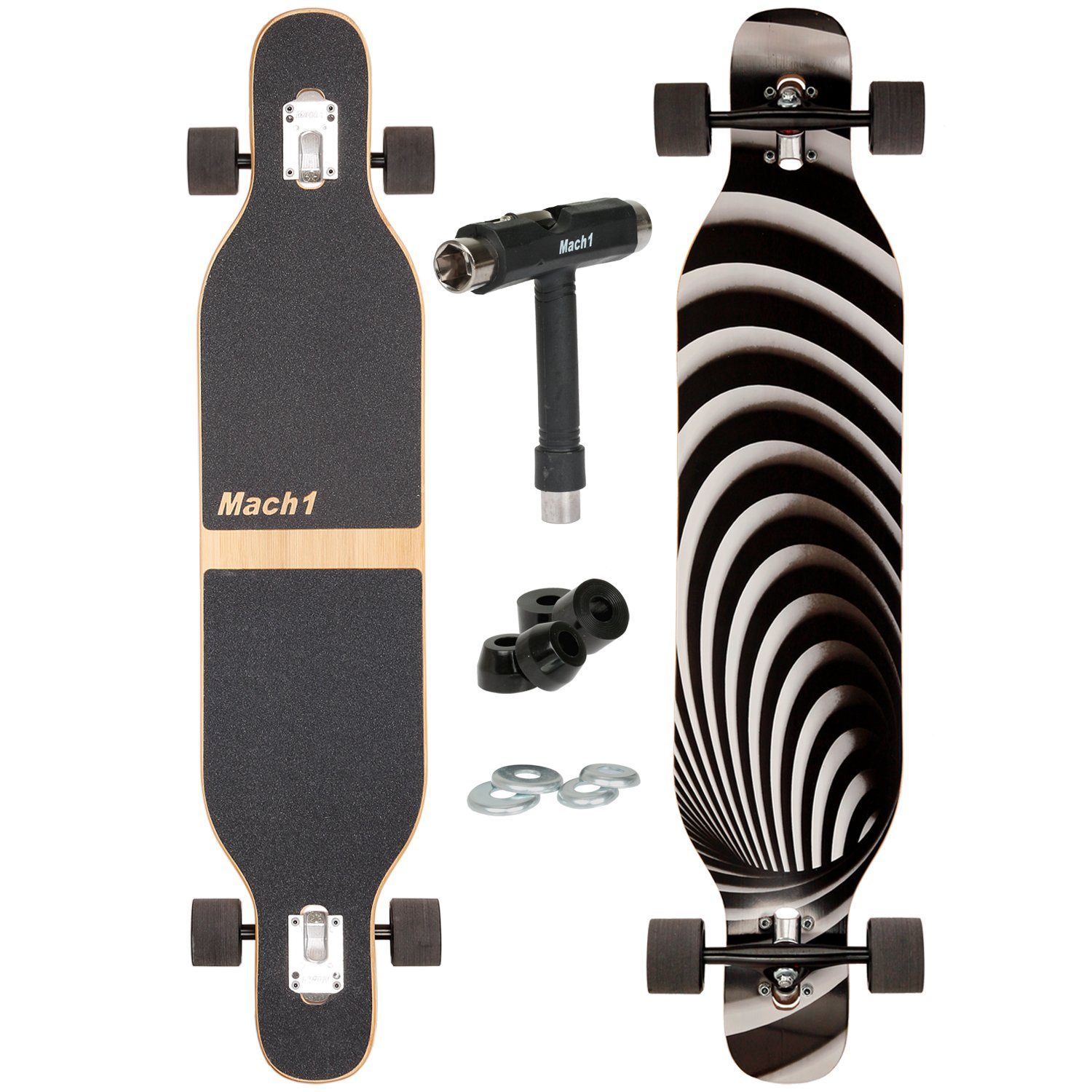 Mach1 Longboard aus Bambus mit Keramik Kugellager - Camber Drop Through Cruiser Board (Spar-Set inkl. T-Tool und extra Bushings, Longboard + T-Tool + 4er Set 85A Bushings), Twin Tip