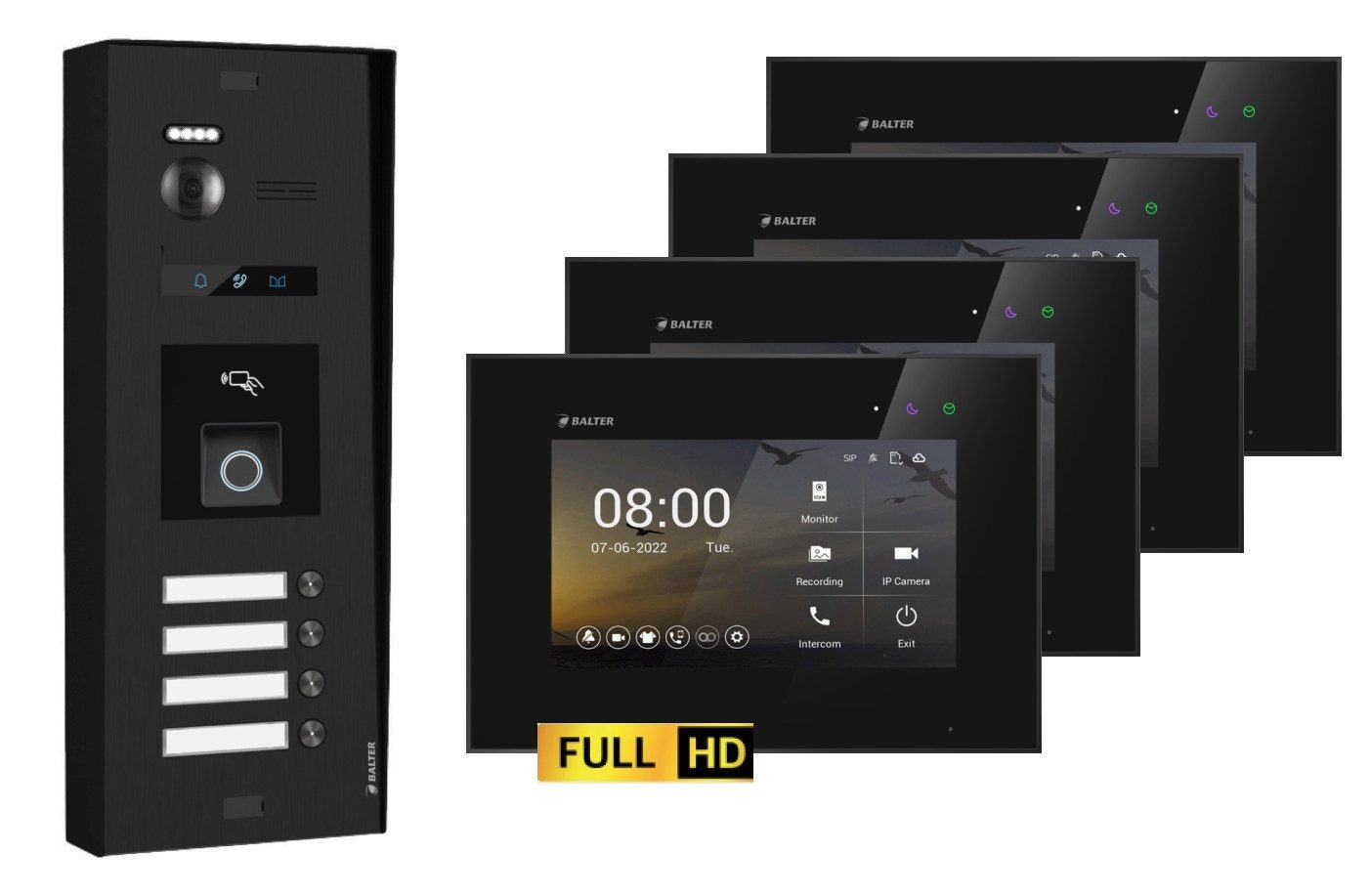 Balter Video-Türsprechanlage BALTER EVO-HD Aufputz Türsprechanlage 4-Familienhaus Schwarz (Set, 4-Familienhaus, Komplettset, Full HD 175° Kamera, Fingerprint, RFID)