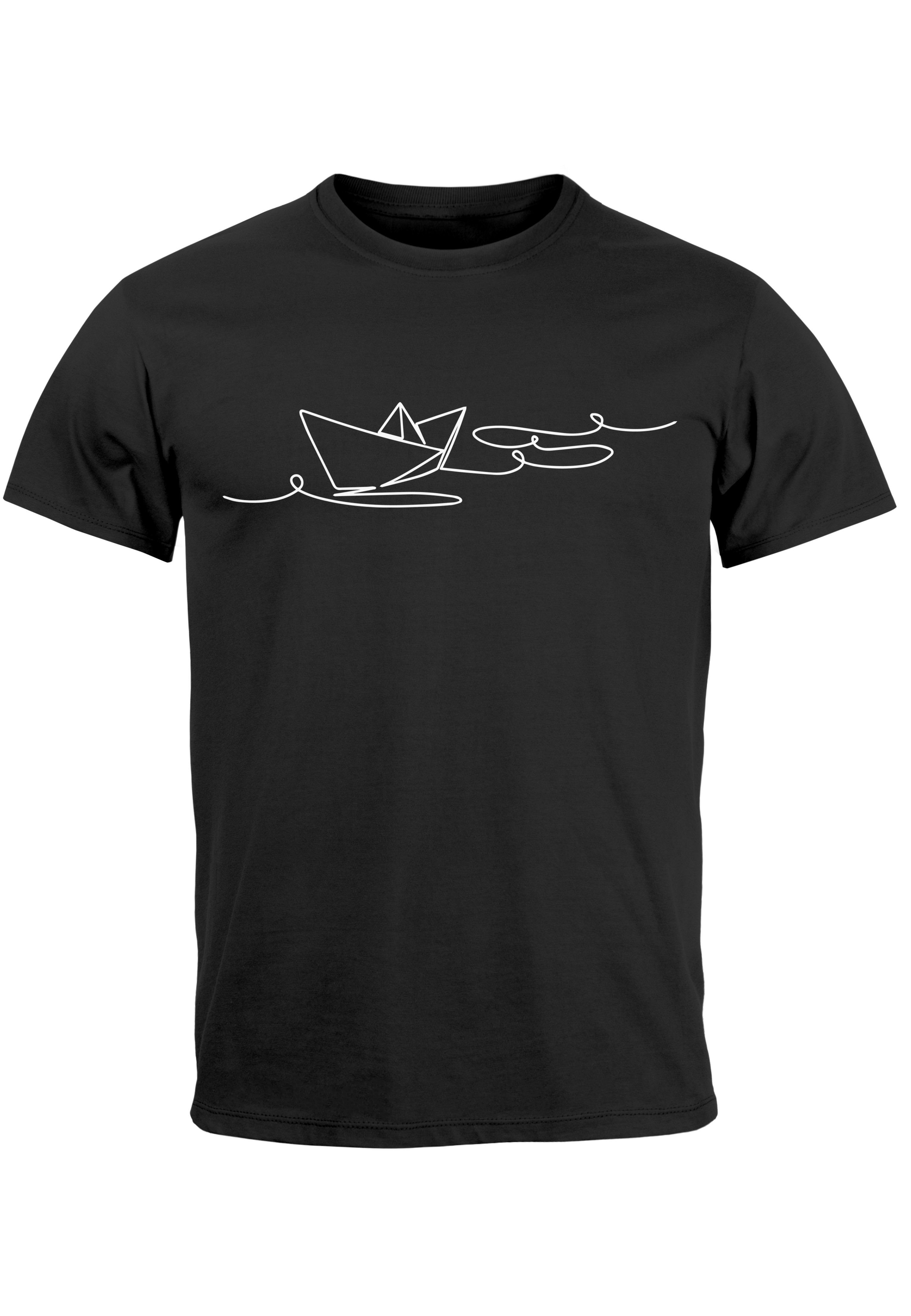Neverless Print-Shirt Herren T-Shirt Boot Polygon Papier-Schiff Origami Aufdruck Print Fashi mit Print schwarz | T-Shirts