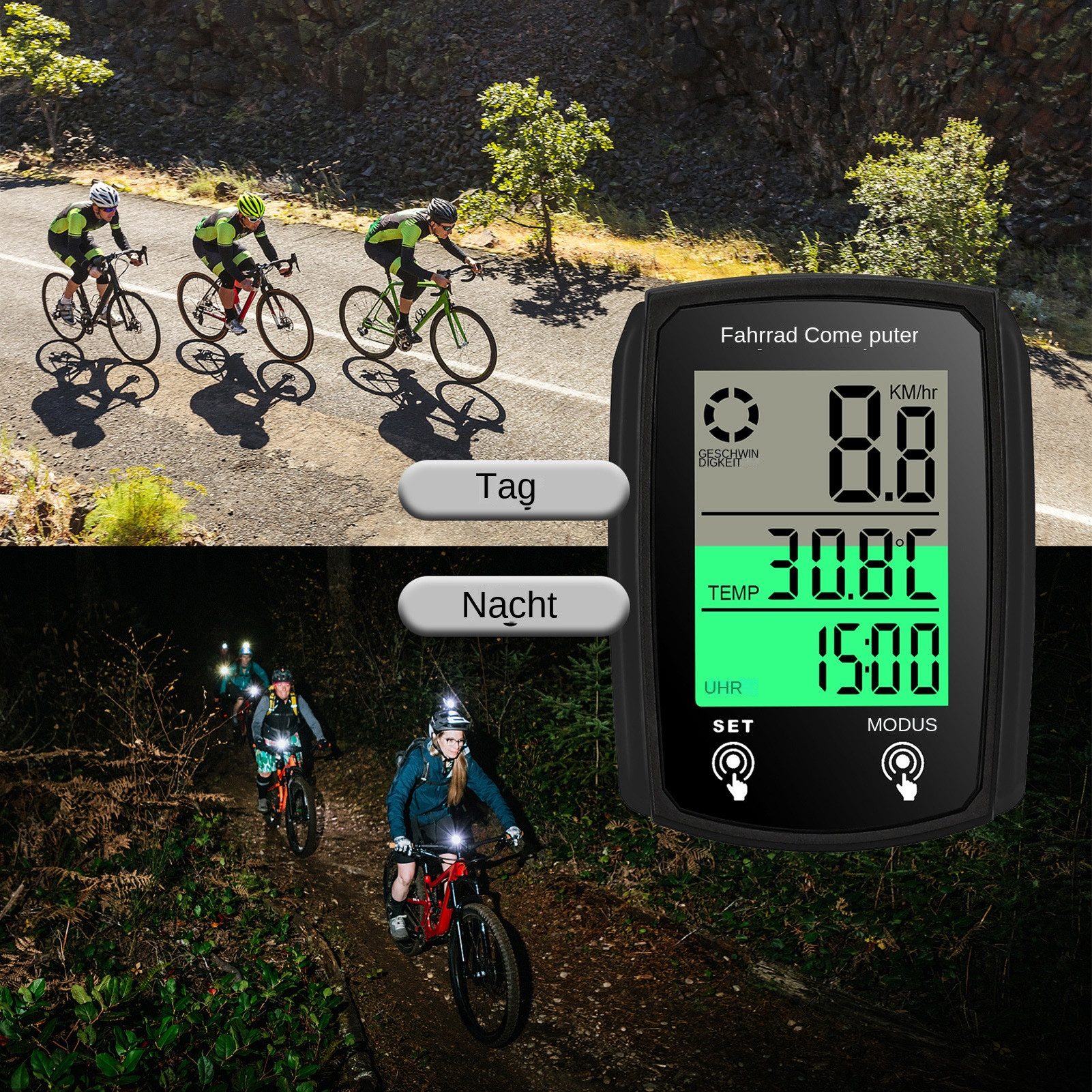 GARRYFIZH Fahrradcomputer LCD Fahrrad Tachometer Radfahren Kilometerzähler 19 Funktions, LCD Display, Wasserdicht, LED-Hintergrundbeleuchtung