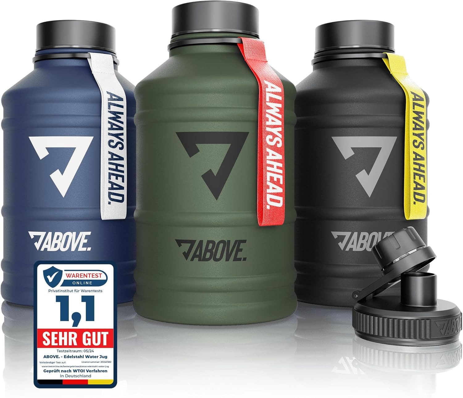 ABOVE. Trinkflasche Edelstahl Trinkflasche 2.2L – BPA-frei, Auslaufsicher & Robust – 2L, mit Extra Trinkverschluss für Sport, Fitness & Outdoor