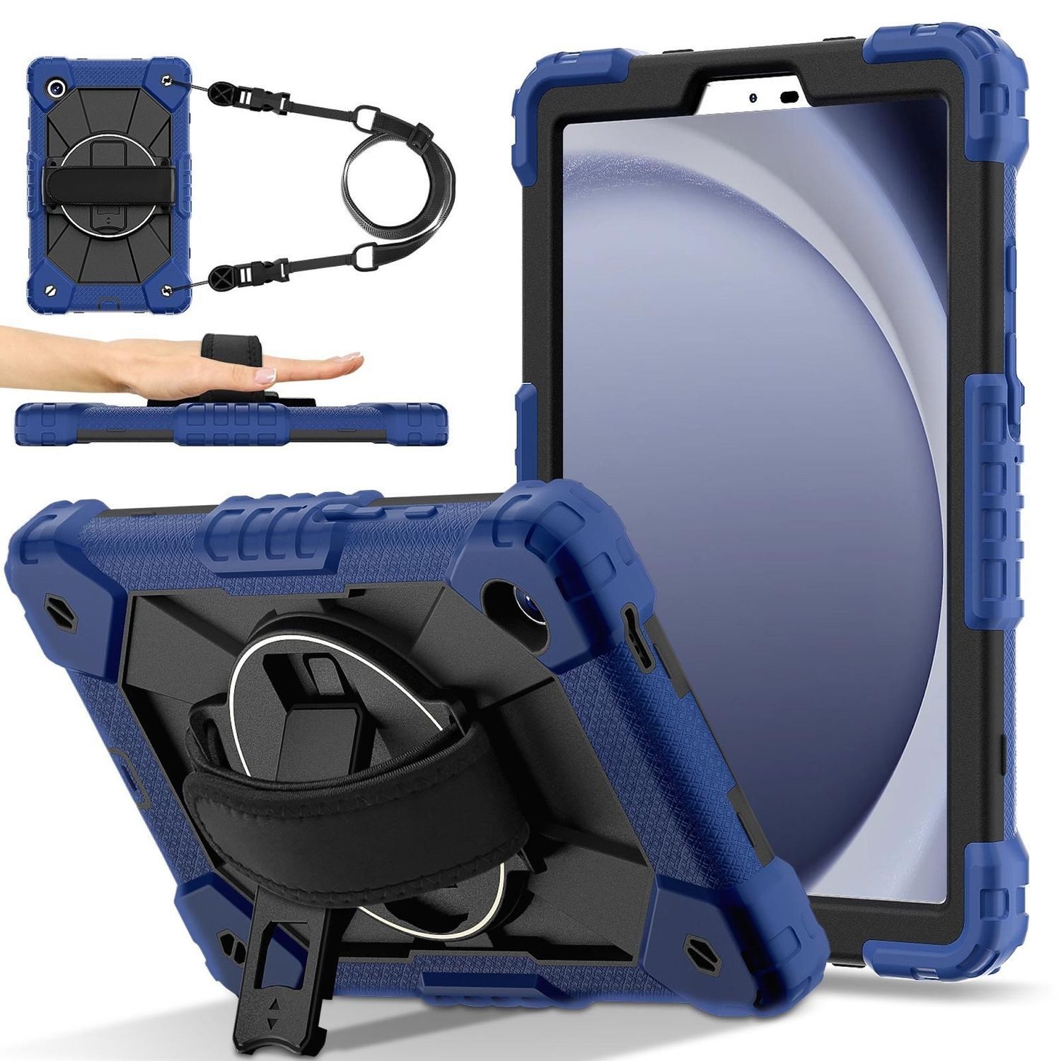 Wigento Tablet-Hülle Für Samsung Galaxy Tab A11 Hybrid Hülle mit Halter & Schultergurt Blau, Hybrid Schutzhülle Smart Case Cover mit Schultergurt