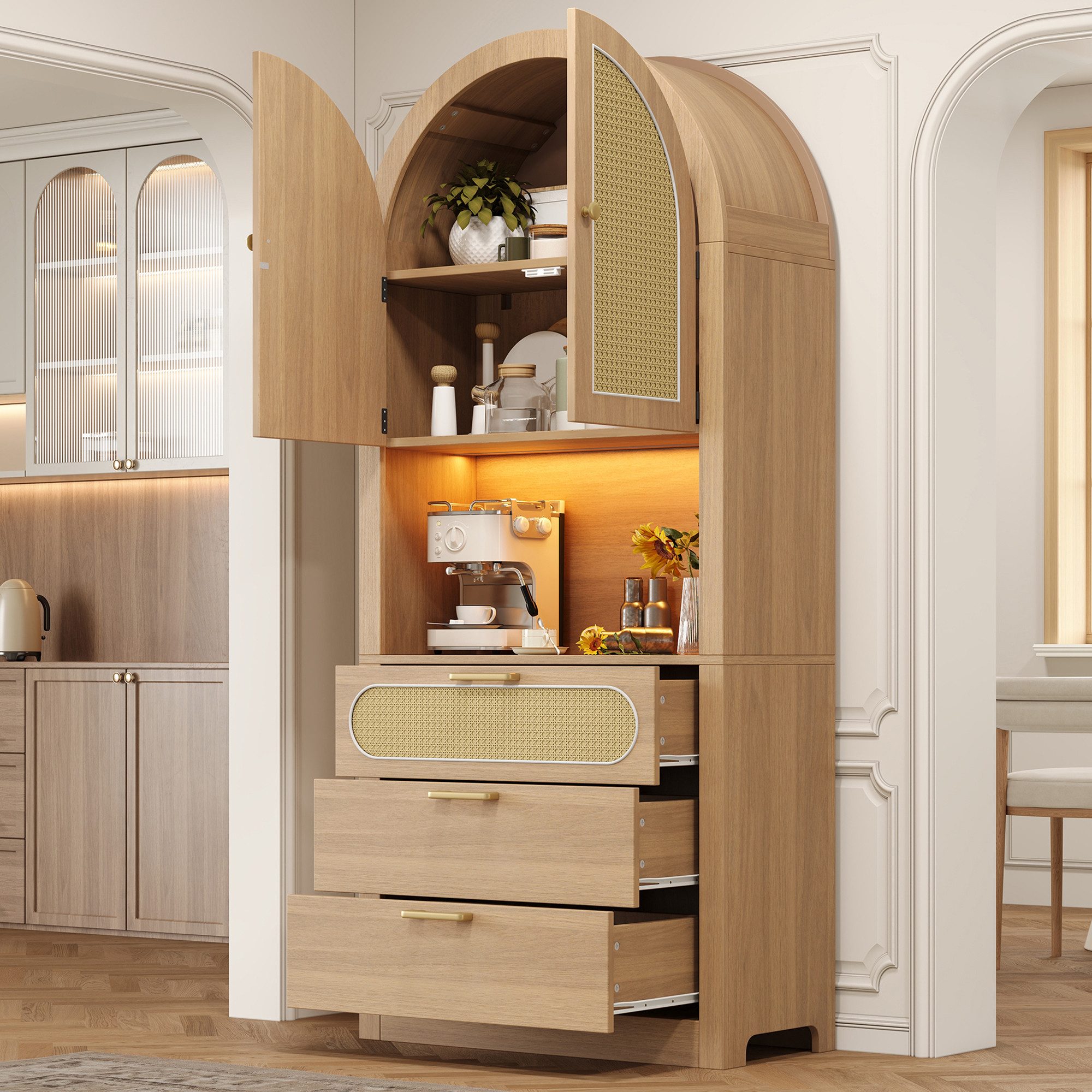 Flieks Hochschrank Küchenbuffet mit LED-Beleuchtung, Rattantüren und 3 Schubladen (Schrank im Landhausstil für Wohnzimmer, Esszimmer, Schlafzimmer, 1-St., 80x35x180 cm) gewölbter Mehrzweckschrank Multifunktionsschrank Vitrine Eichenfarbe