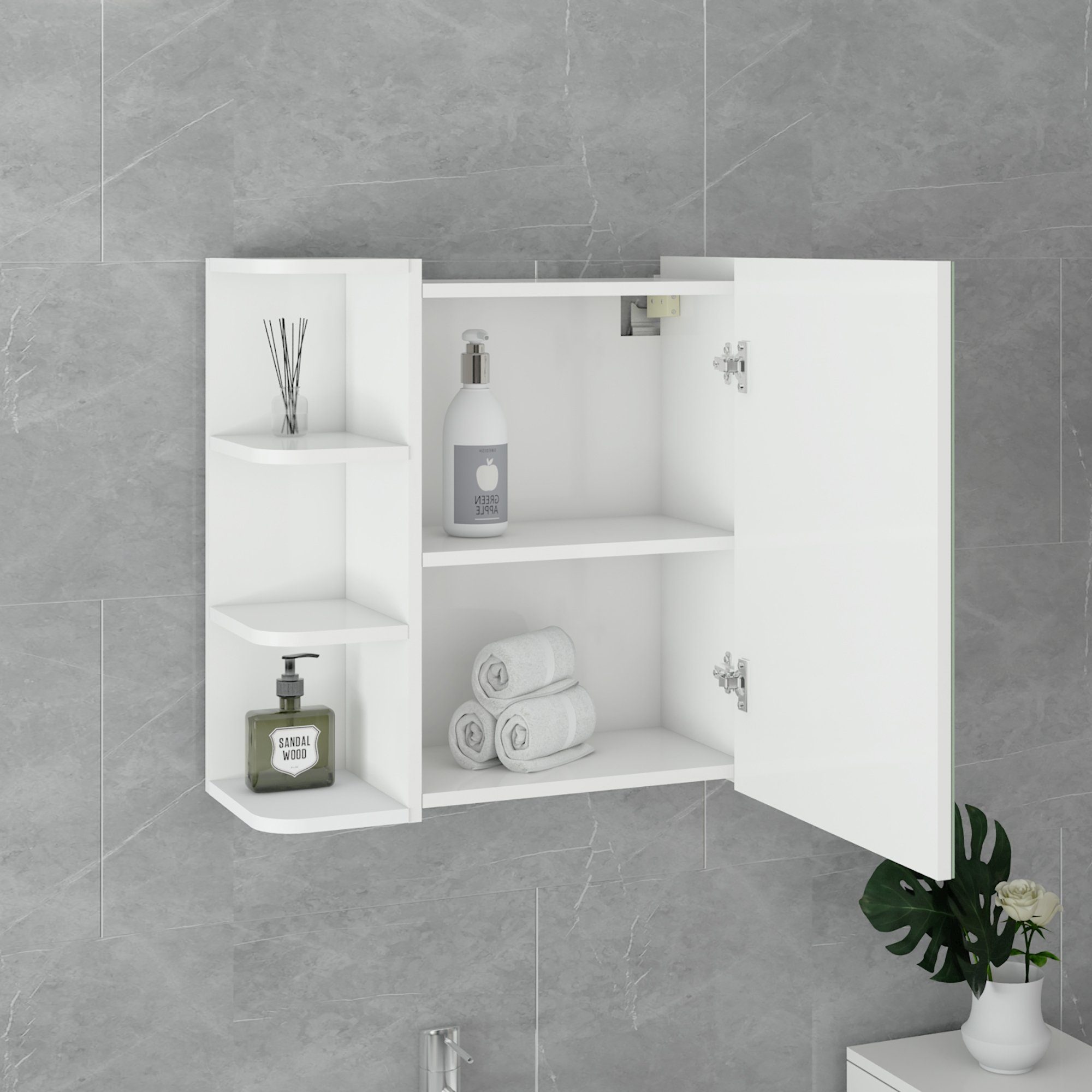 Ablagen Tür Badschrank 62x64x21cm Badezimmerschrank Wandschrank und MDF mit viel ML-DESIGN Weiß mit Spiegel 5 Spiegelschrank Spiegel Badezimmerspiegelschrank Stauraum