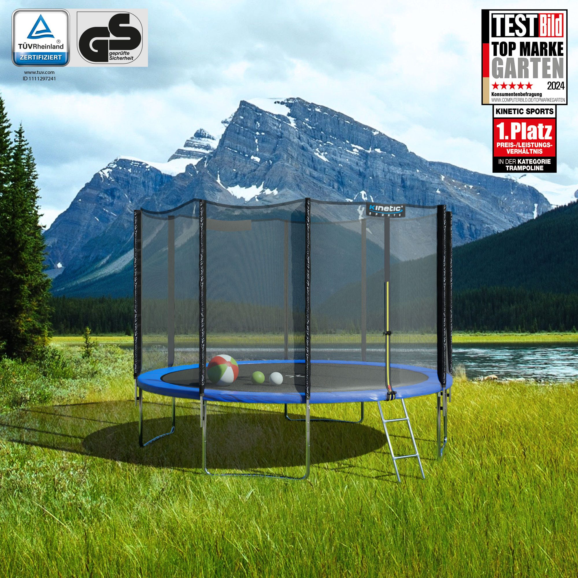 Kinetic Sports Gartentrampolin SALTO, Ø 244 cm, Kindertrampolin Set mit Sicherheitsnetz, USA Sprungtuch, Leiter