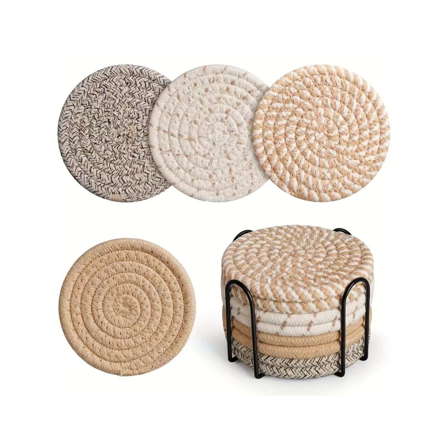 HEYHIPPO Becheruntersetzer Set geflochtene Baumwoll-Untersetzer mit Halter–rutschfest & saugfähig, Zubehör für Stellen Sie Getränke, Tassen und Gläser bereit, Set, Runde Glasuntersetzer 8er Set aus Baumwolle mit Halter –für Getränke