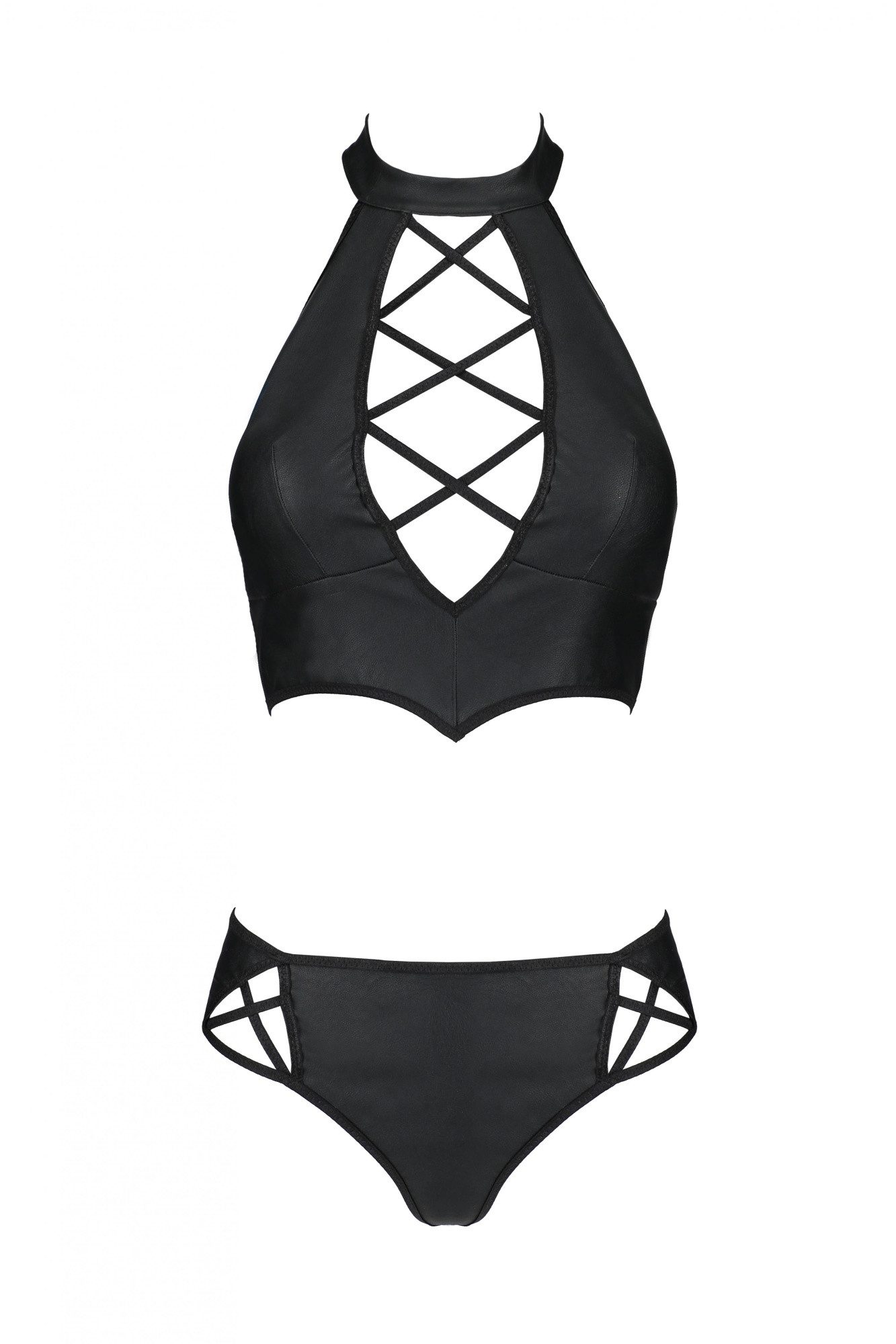 Passion Dessous Set: Dekolleté-BH Schwarzes Damen Dessous Set Neckholder BH Top und Slip aus Kunstleder