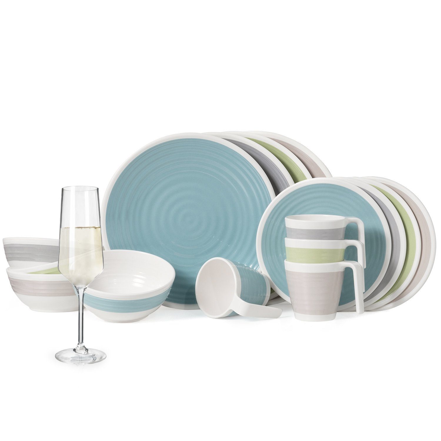 Moritz Geschirr-Set Camping Geschirr Harmonie 4 Personen + 4 Milano Champagnergläser