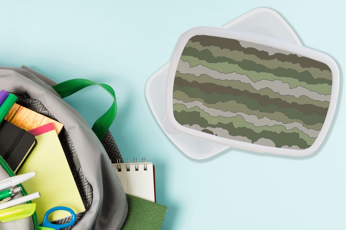 für Kinder MuchoWow Camouflage Brotdose, Muster Lunchbox Erwachsene, - - Kunststoff, Armee, Jungs und und für (2-tlg), Mädchen weiß Brotbox