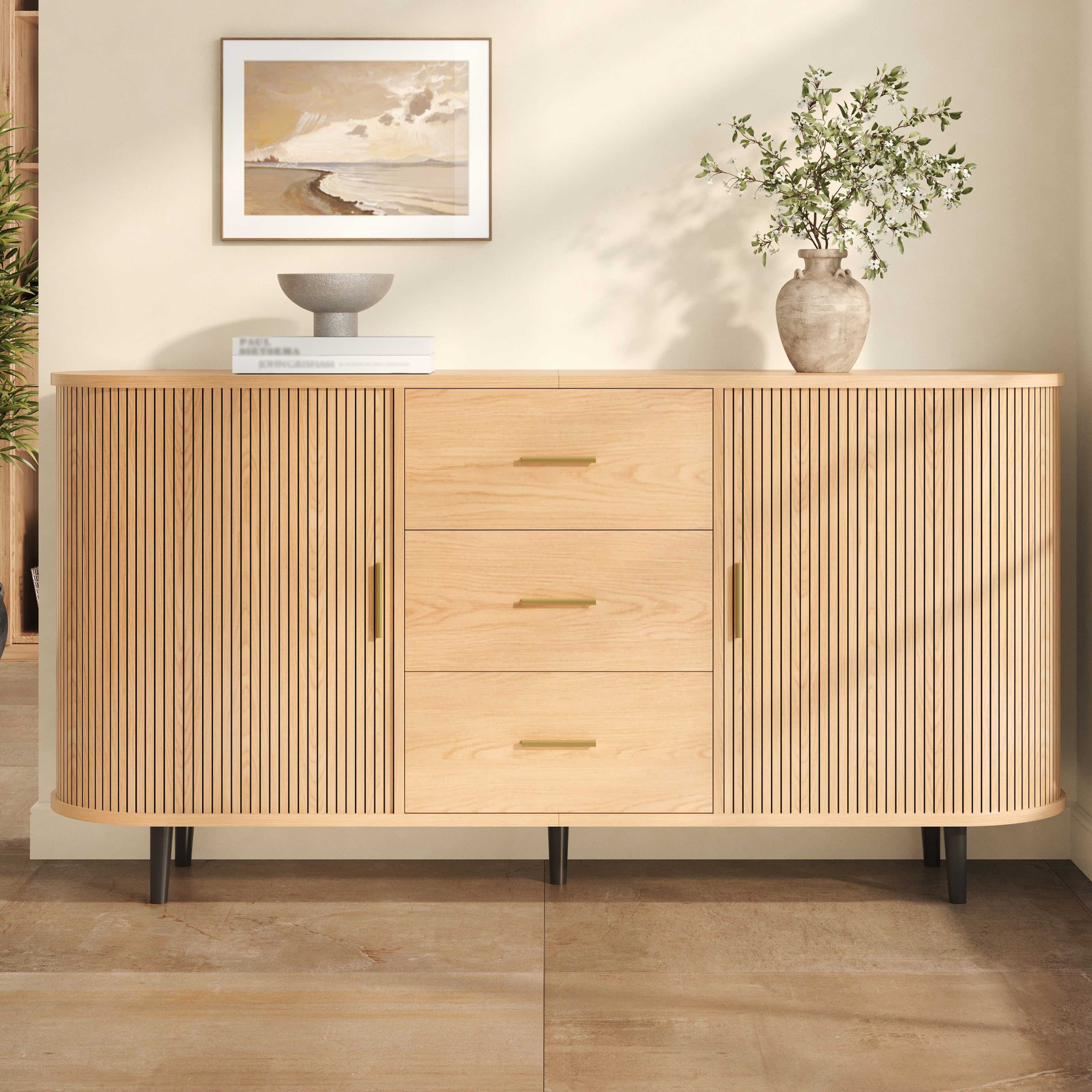 BlingBin Sideboard Schubladenschrank Anrichte Kommode Abgerundetes (2 Packung, 1 St., mit 3 Schubladen,Lamellen-Schiebetüren und verstellbaren Einlegeböden), 160x40x80,5 cm,für Wohnzimmer & Essbereich