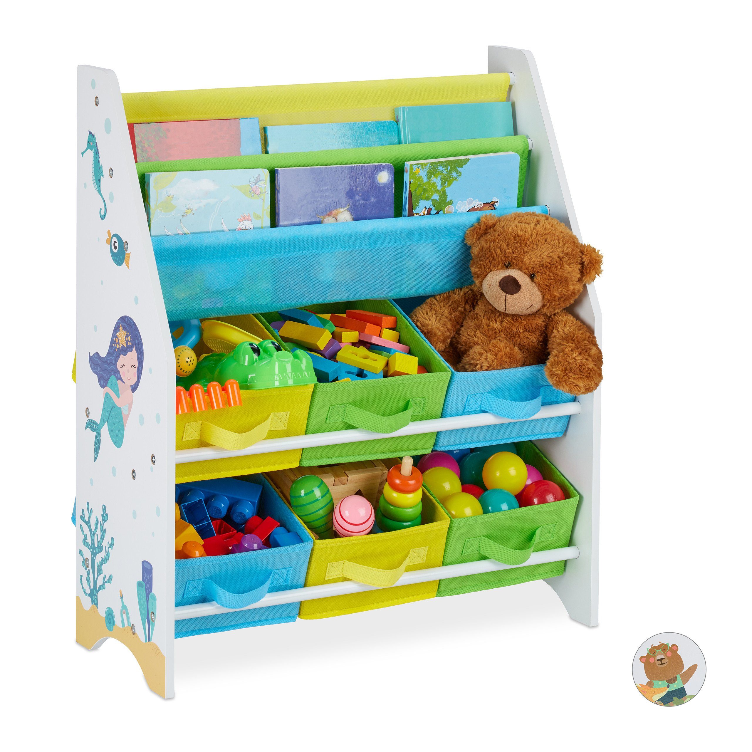 relaxdays Standregal Kinderregal mit 6 Boxen & 2 Hängefächern, B Gelb Grün Weiß