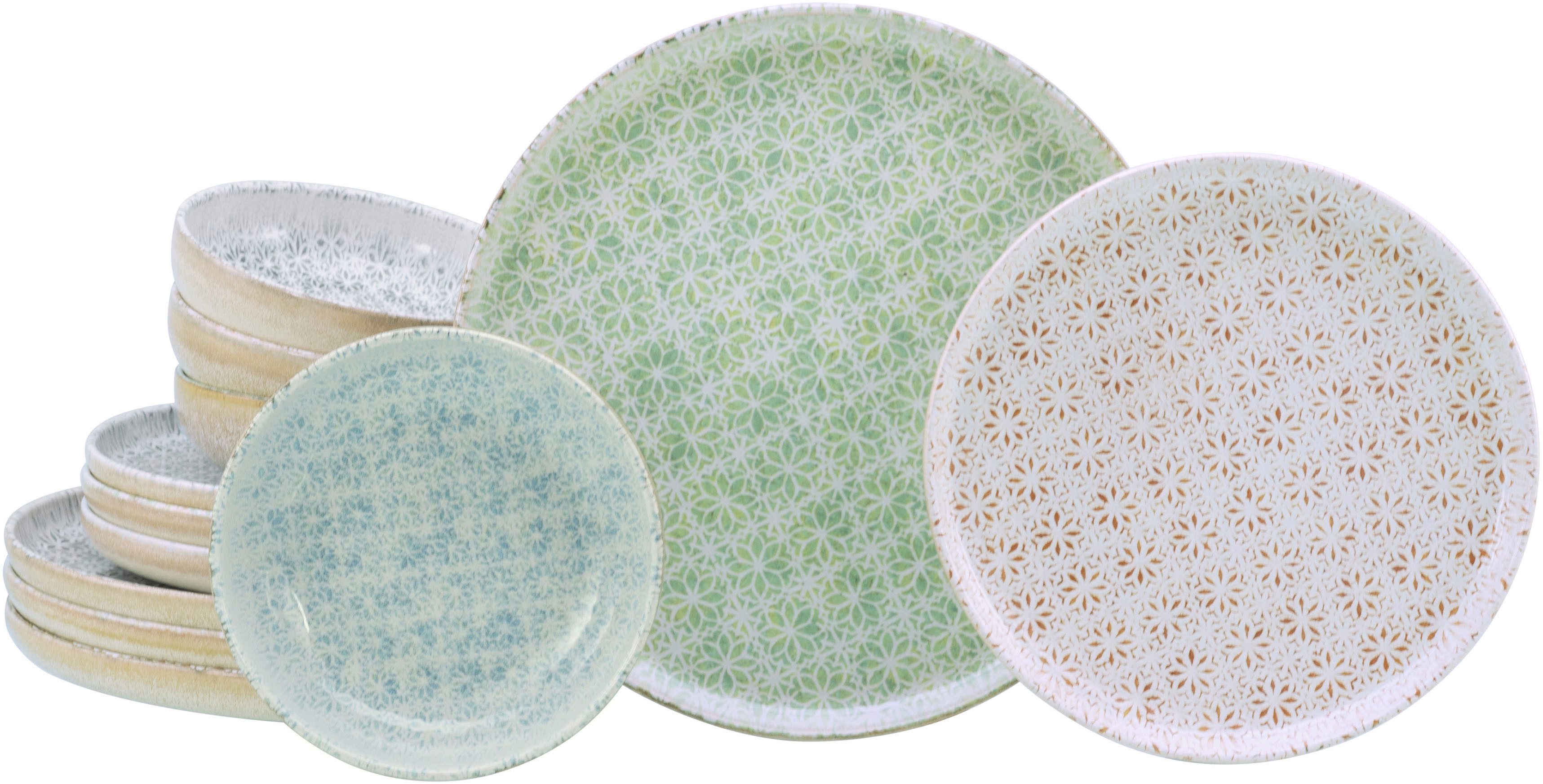 CreaTable Teller-Set Uno Emiliana, Teller Set 12-tlg (12-tlg), 4 Personen, Steinzeug, Shabby Look, Vintage Style