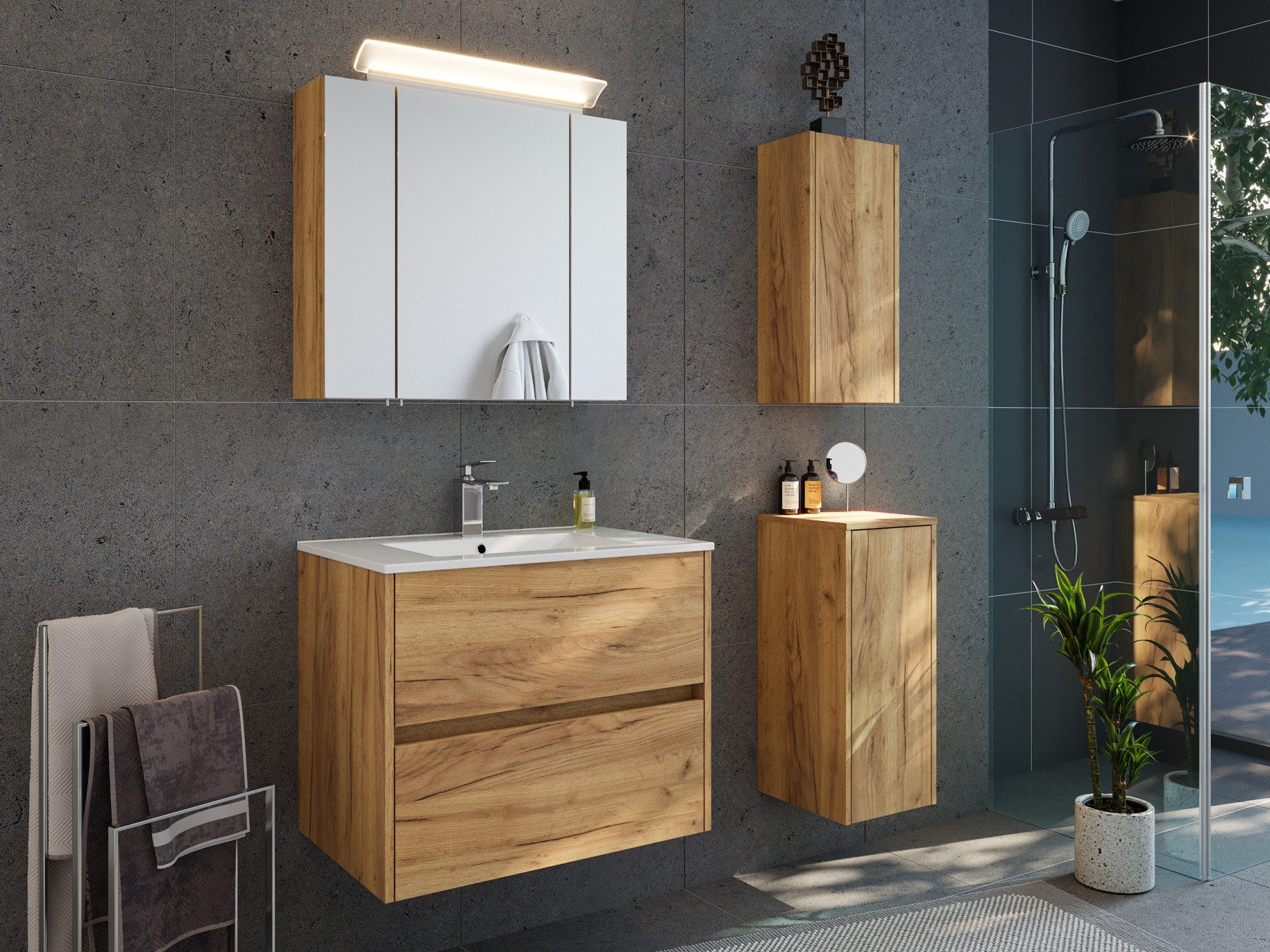 Magnolia Home Badmöbel-Set Badmöbelset Taifun 70cm 4tlg mit Spiegelschrank & 2x Badschrank eiche