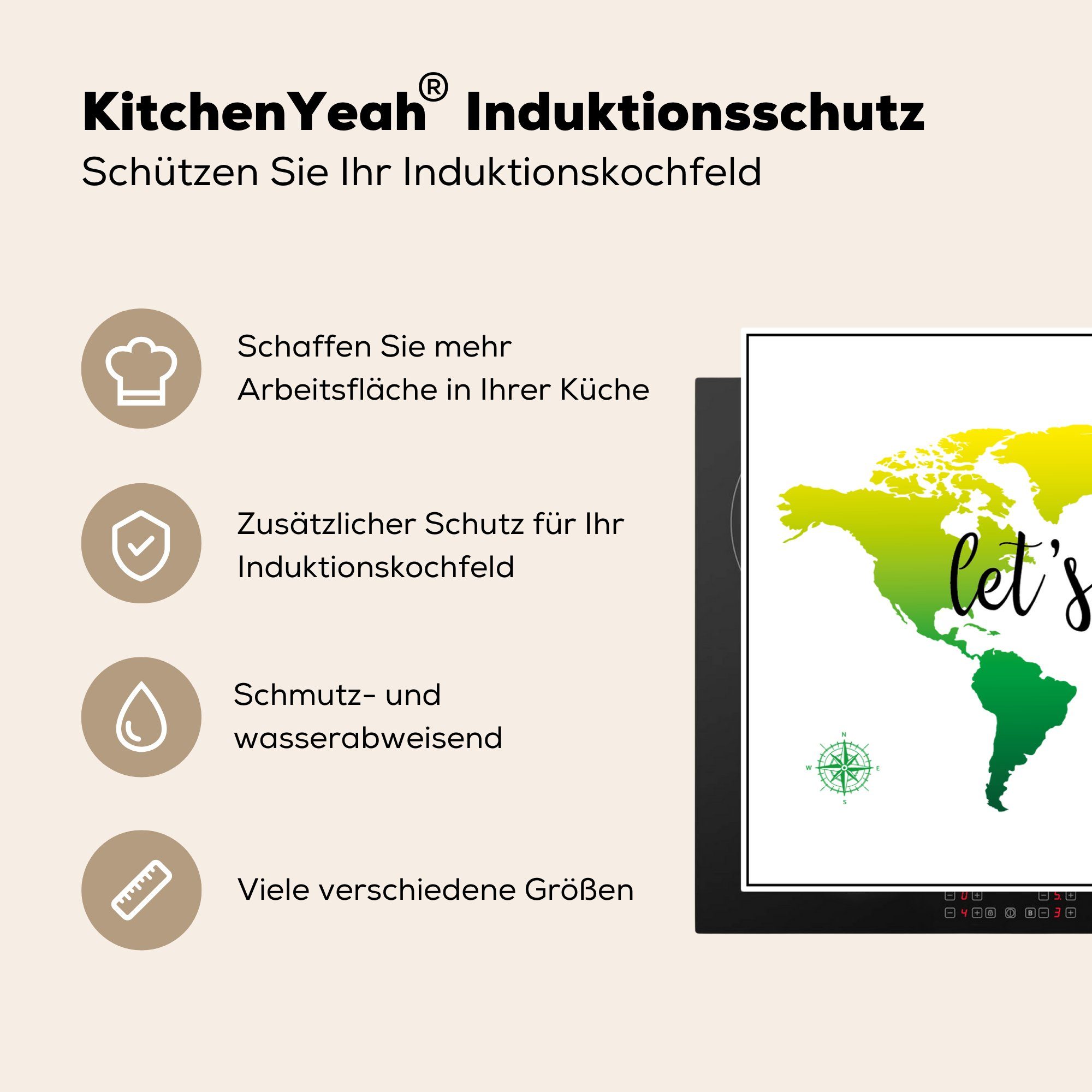 küche, Grün Vinyl, tlg), cm, die (1 Induktionskochfeld 81x52 für Kompass, - - Schutz Herdblende-/Abdeckplatte MuchoWow Weltkarte Ceranfeldabdeckung