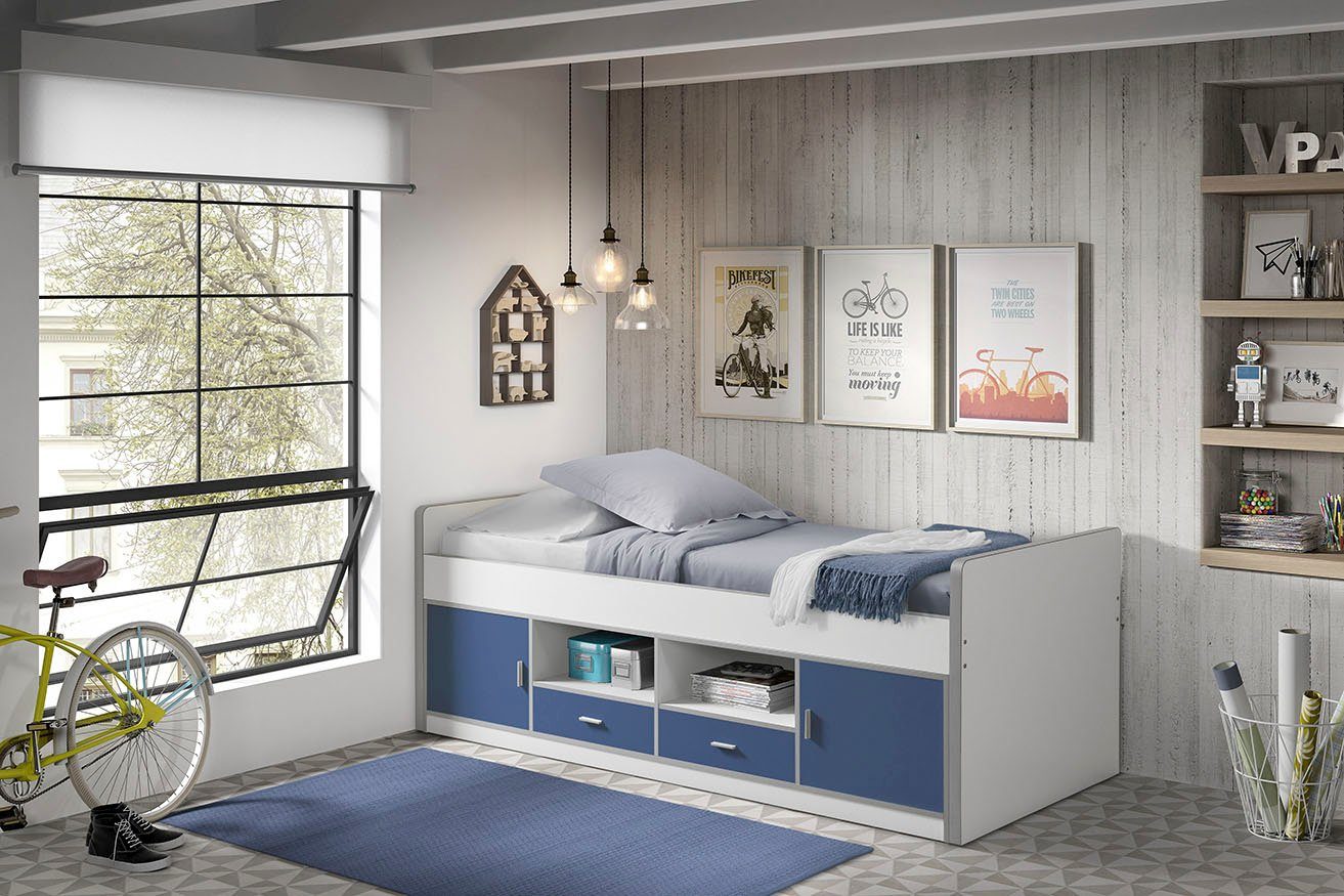 Vipack Einzelbett Stauraum dem unter Liegehöhe, Weiß/Blau 90x200 Komfort mit Bett, Bonny, cm Liegefläche