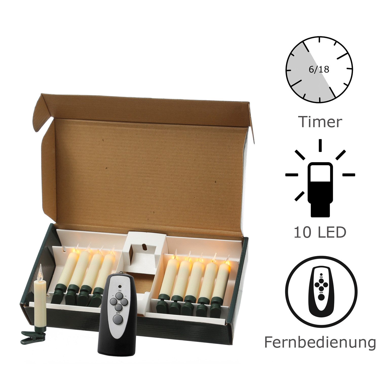 MARELIDA LED-Christbaumkerzen Baumkerzen mit Clip 10 Weihnachtskerzen Baumbeleuchtung kabellos Fernb, 10-flammig