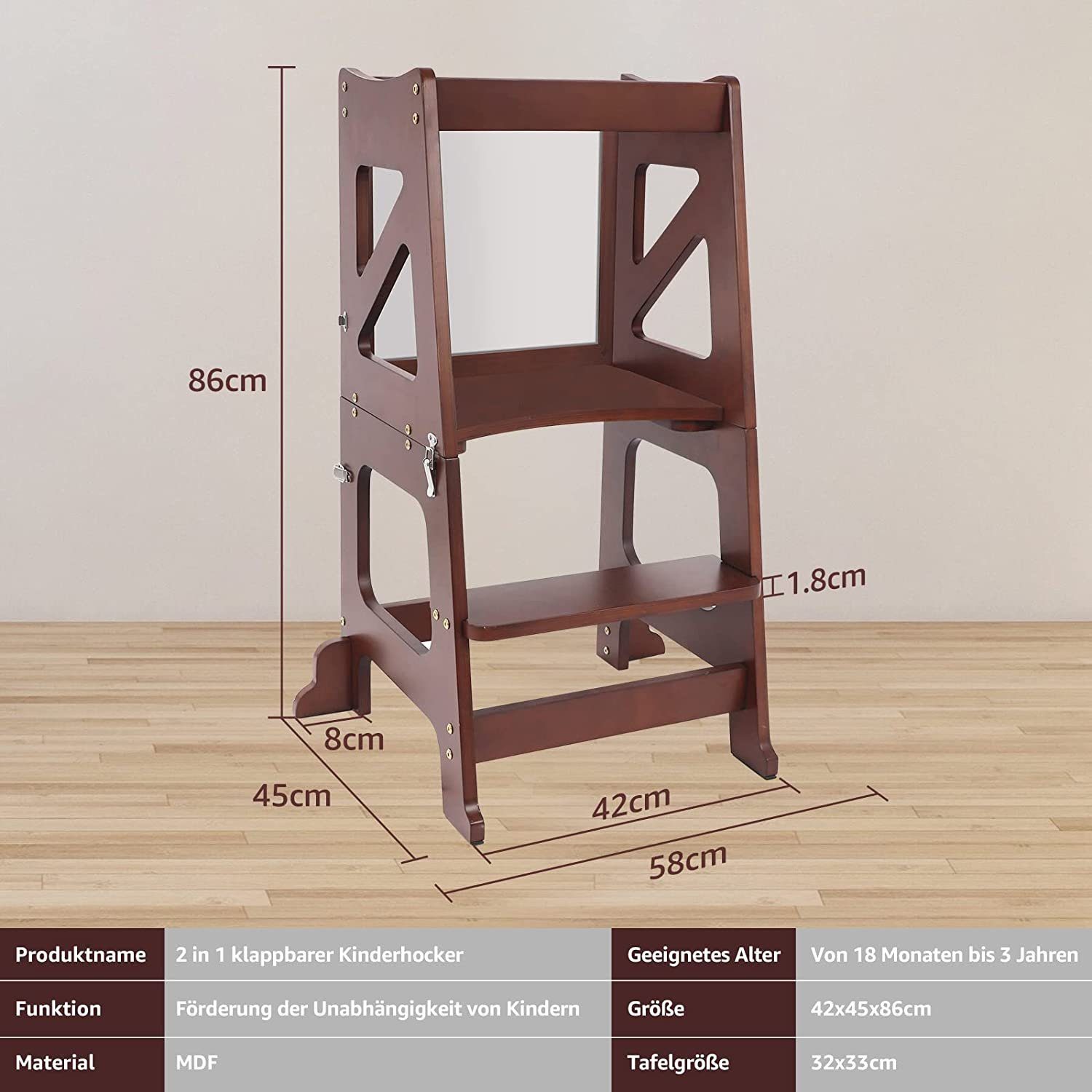 Lernturm Walnuss YOLEO 2 Tritthocker Sicherheitsstange Kinderstuhl Kinder in 1 mit