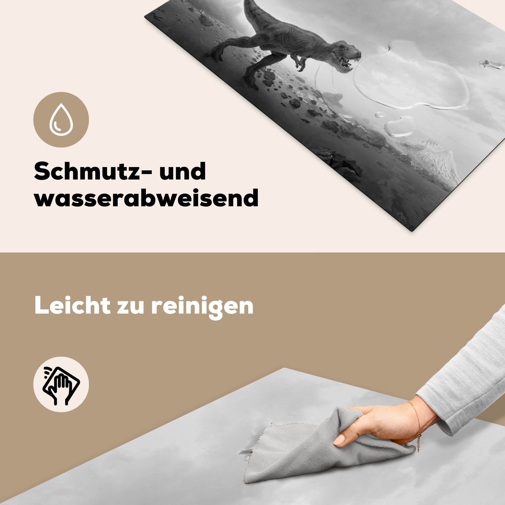 83x51 Weiß - Arbeitsplatte küche Dinosaurier MuchoWow cm, Schwarz Vinyl, Ceranfeldabdeckung, tlg), Herdblende-/Abdeckplatte für - - Wolken, (1