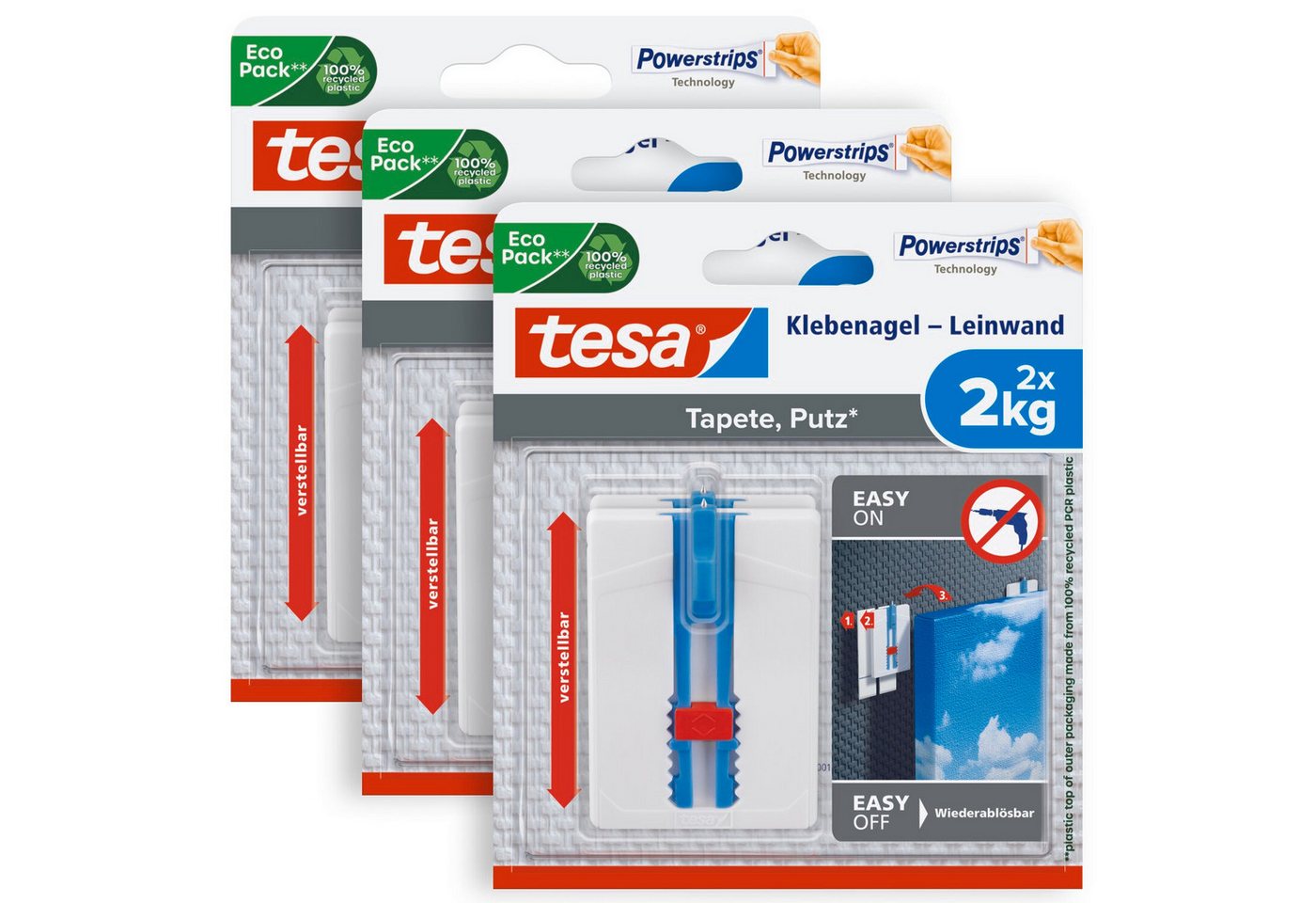 tesa Klebehaken, Dekoration, Bilder, Leinwände, (Packung, 6-St., inkl. Powerstrips), Klebenagel - POWERSTRIPS Doppelseitig - für Leinwände - 2er Pack