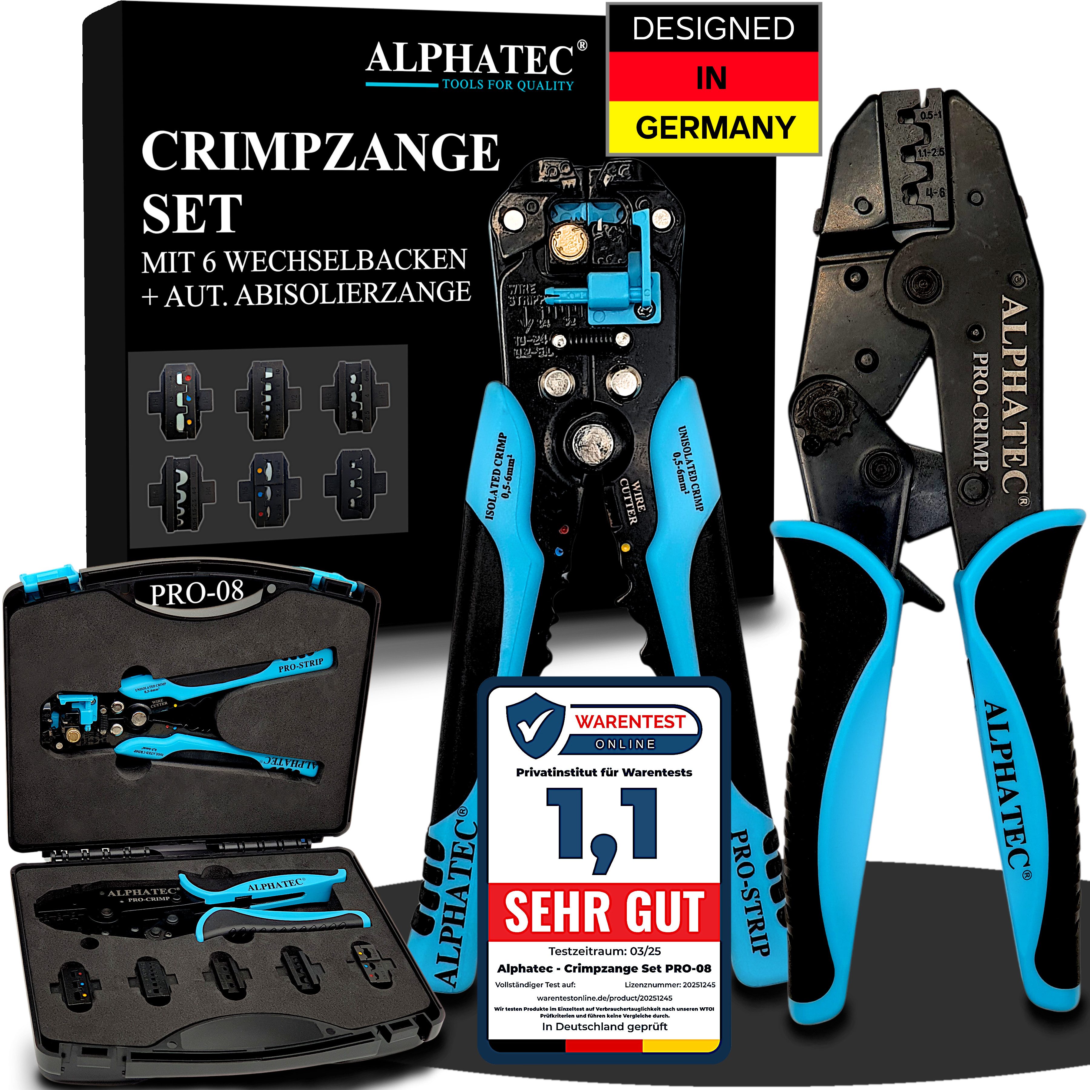 ALPHATEC® Crimpzange Crimpzangen Set mit Wechselbacken inkl. Abisolierzange 0,25-10mm² 8tlg, Kabelschuhe, Aderendhülsen, Flachstecker, Quetschverbinder, MC4, Solar