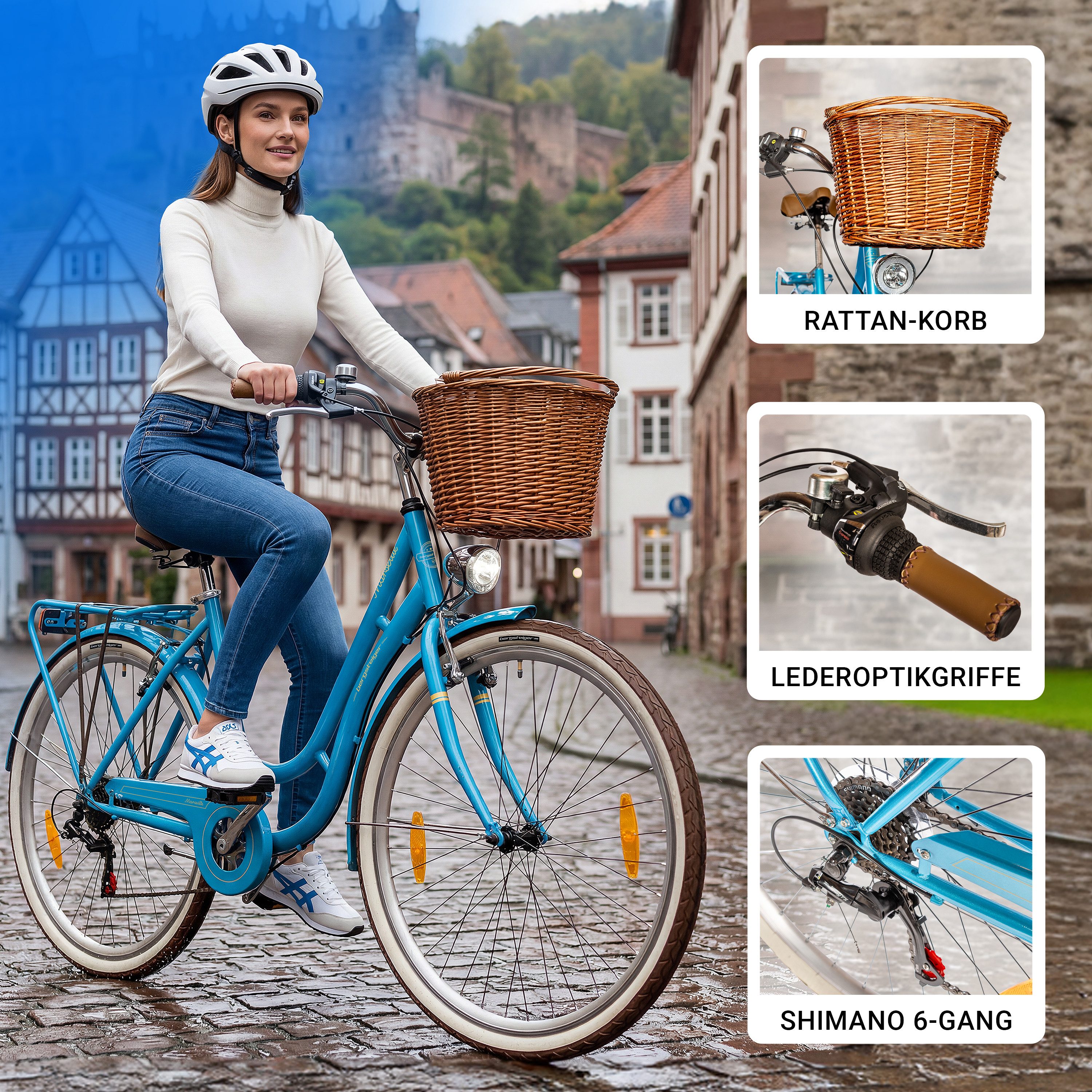 bergsteiger Cityrad Marseille 26 Zoll, 28 Zoll Damenfahrrad, ab 150 cm, Korb aus Rattan, 6 Gang, Kettenschaltung, V-Bremsen