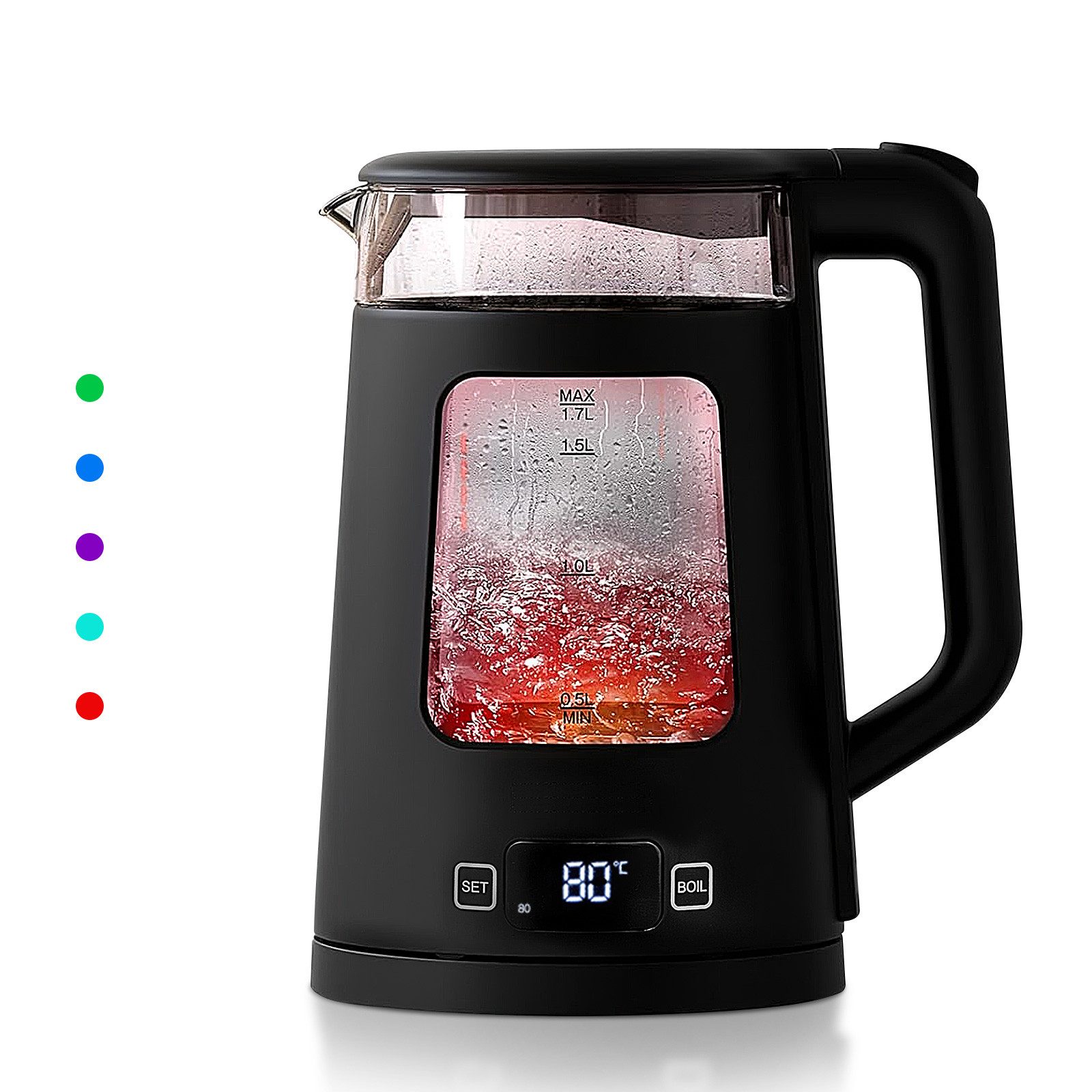 FOHERE Wasserkocher Glas Edelstahl, LED & Temperatureinstellung, Schnellkochfunktion, 1.7 l, 2200 W, mit 5 Farbigen Lichtern