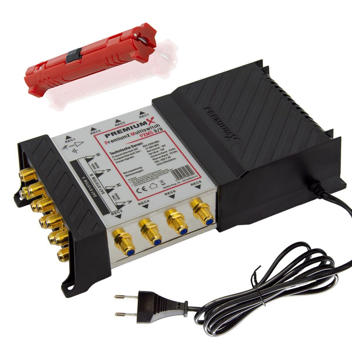 PremiumX SAT-Multischalter Multischalter Set 9/8 SAT Multiswitch 2 SAT 8 Teilnehmer Abisolierer