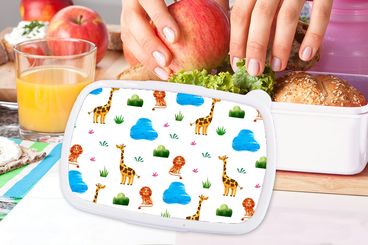 MuchoWow Lunchbox Löwe - und Kind, - (2-tlg), für Design Jungs Brotbox weiß - Kinder für Mädchen Brotdose, Tiere und Erwachsene, Kunststoff