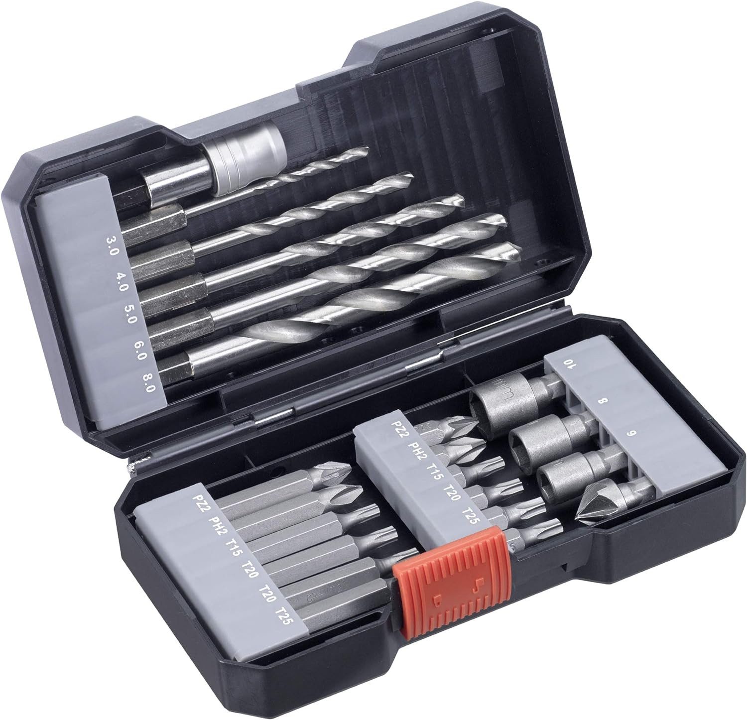 kwb Bohrer- und Bit-Set Bit-Bohrerbox 22tlg. S-Box, 22-teilige Bit und Bohrer-Box m. Sechkant-Schaft, 5 x HSS Metallbo