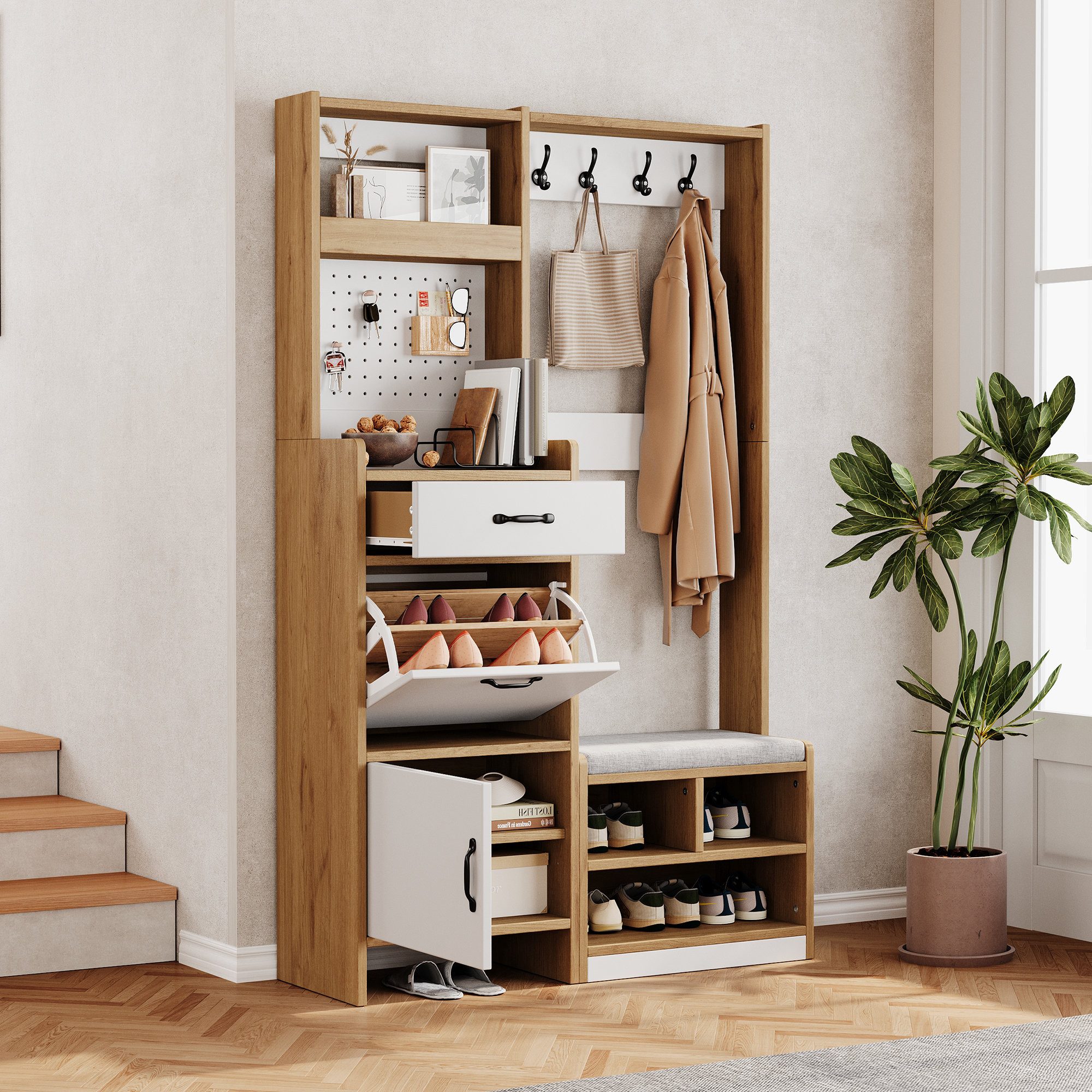 Odikalo Garderoben-Set Flurschrank Flurmöbel mit Schuhschrank und Sitzbank, (Garderobe mit Kleiderhaken 1 Schublade 1 Klappfach und 1 Schranktür sowie offenem Stauraum)