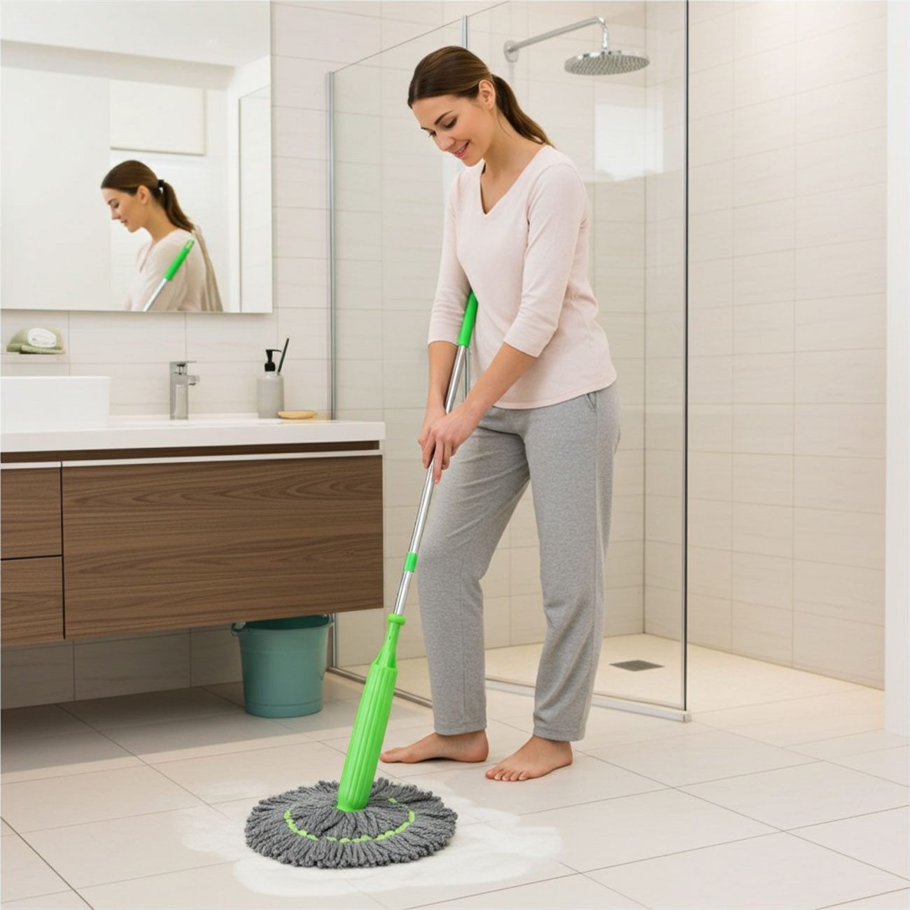 shop'n smile ideoon Wischmopp Wischmopp mit Auswringfunktion 360°-drehbarer Mikrofaser-Wischer Ø55cm, 2 Wischköpfe: nass & trocken/3-teiliger Stiel-180 cm