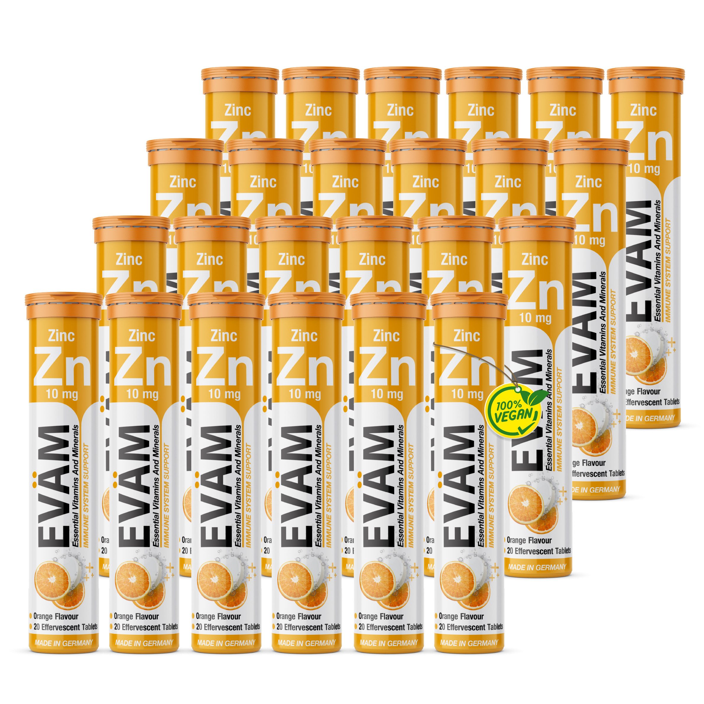 EVÄM Zink 10 mg für Immunsystem, Haut, Haare & Nägel, Vegan Brausetabletten, 24 er Set à 20 St., 1968 g, Qualität aus deutscher Herstellung. 100 % des NRV pro Portion.