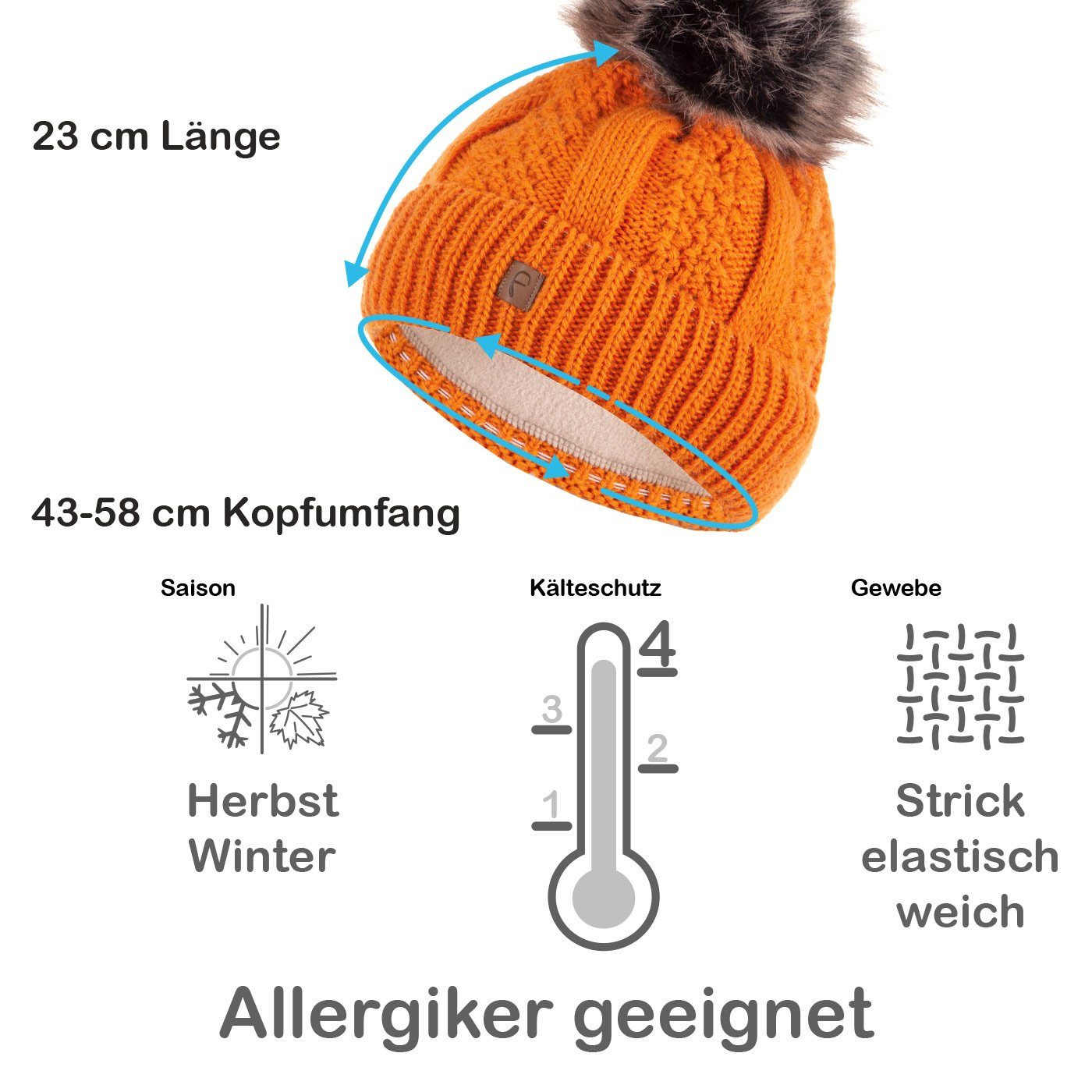 Damen Herren Faera Haube Beanie Mützen Wintermütze gefüttert Strickmütze orange Bommelmütze