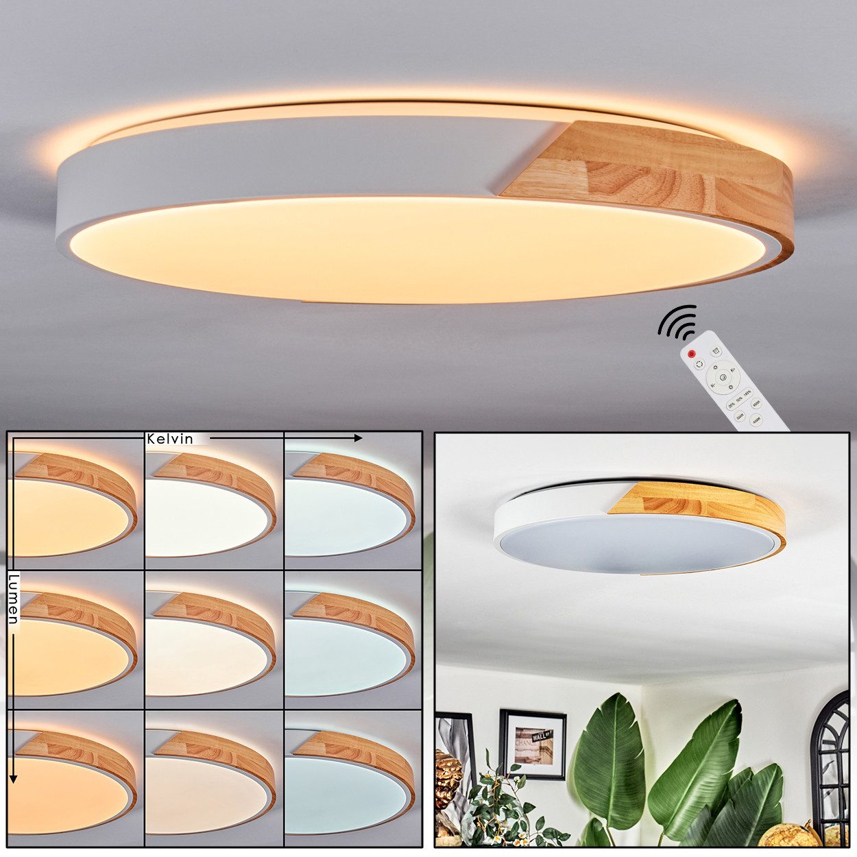hofstein Deckenleuchte Deckenlampe aus Metall/Holz/Kunststoff in Natur/Weiß, ohne Leuchtmittel, moderne Leuchte (50,5 cm), CCT einstellbar, mit Fernbedienung