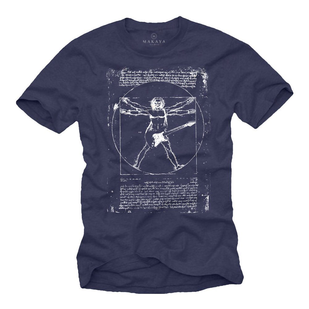 Baumwolle Frontprint, Vinci Männer Herren Bandshirt Print-Shirt aus Jungs Geschenk Gitarre T-Shirt Musik Blau Da MAKAYA
