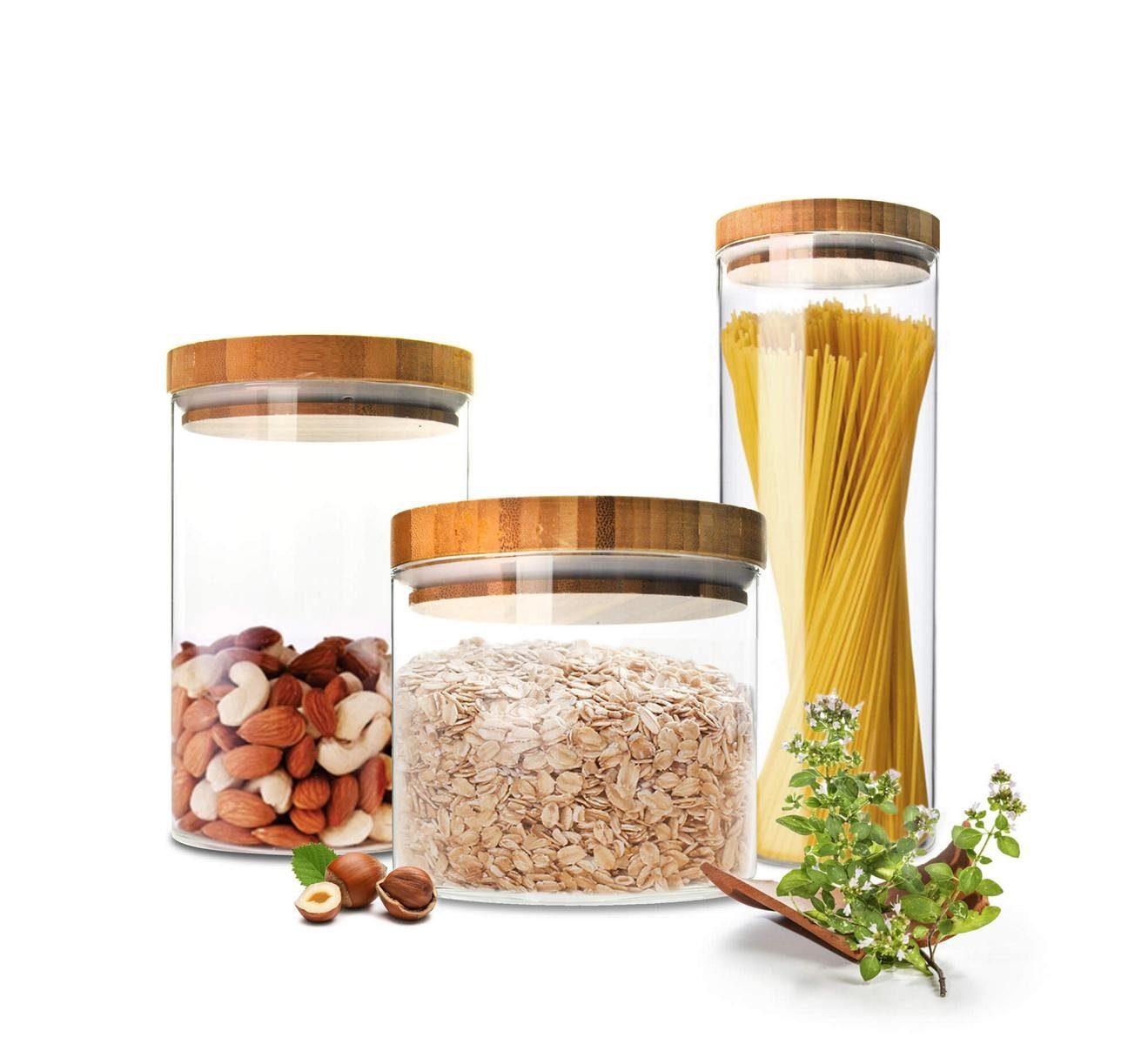 Sendez Vorratsdose 3 Vorratsdosen mit Deckel Vorratsbehälter Vorratsgläser 2,1+1,2+0,6 L, Glas, (3-tlg., 3 Vorratsdosen), mit Holzdeckel