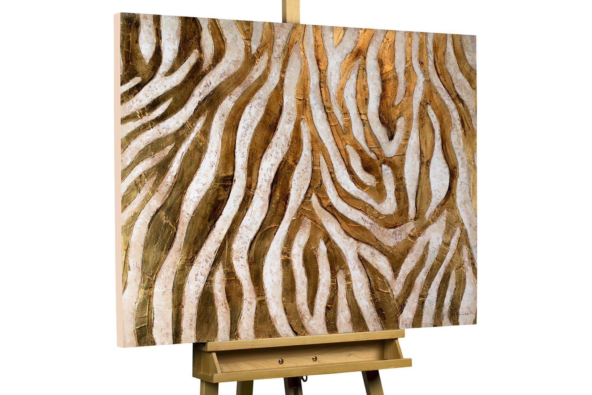 KUNSTLOFT Gemälde Golden Zebra 100x75 cm, Leinwandbild 100% HANDGEMALT Wandbild Wohnzimmer