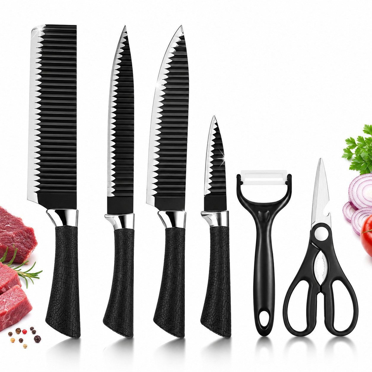 Diyarts Messer-Set (Hochwertiger Edelstahl für langlebige Schärfe, 6-tlg., ergonomische Polypropylen-Griffe für maximalen Komfort), modern, präzise Schnitte durch gebogene Klingenschneide