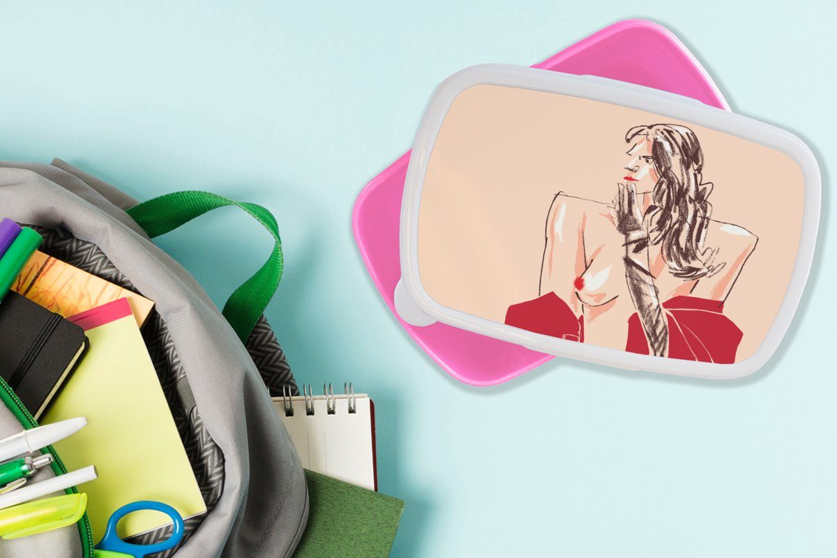 Snackbox, Porträt Pastell Lunchbox Mädchen, MuchoWow (2-tlg), rosa Erwachsene, Brotbox Kunststoff, - Brotdose für Kunststoff - Frau Rot, - Kinder,