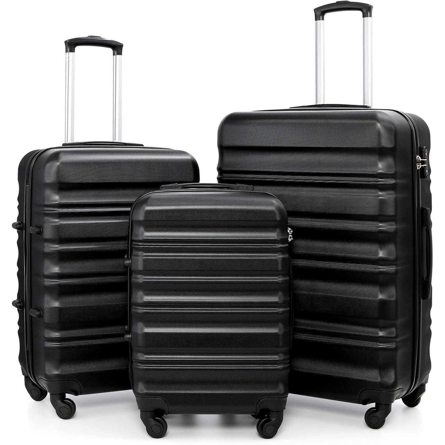Kofferset Hartschalen-Koffer Trolley Rollkoffer TSA-Schloss 4 Rollen Schwarz