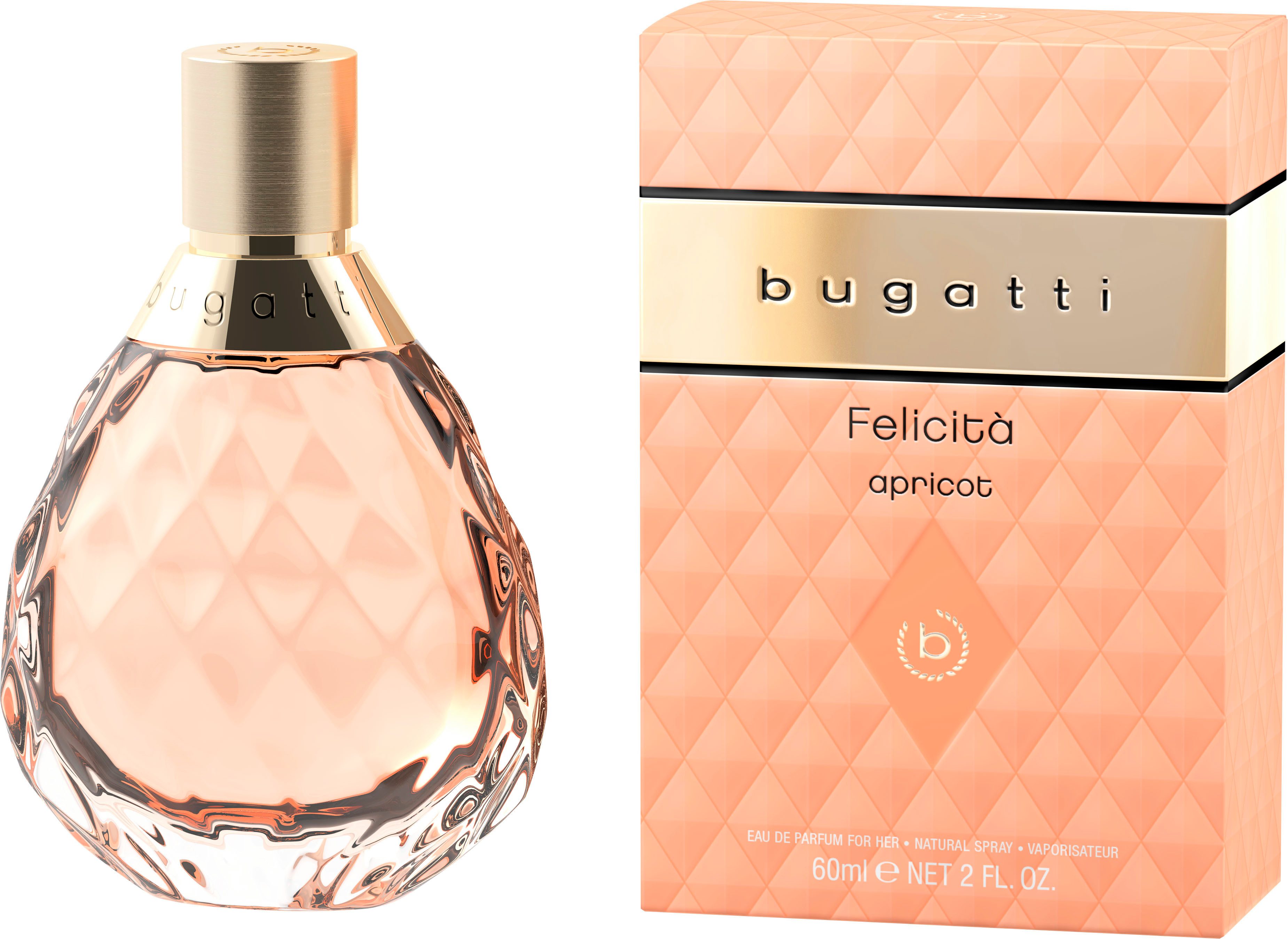 bugatti Eau de Parfum bugatti Felicità Apricot for her EdP 60ml, Fruchtiger Duft mit Aprikose, Pinke Grapefruit, Hibiskus und Vanille.