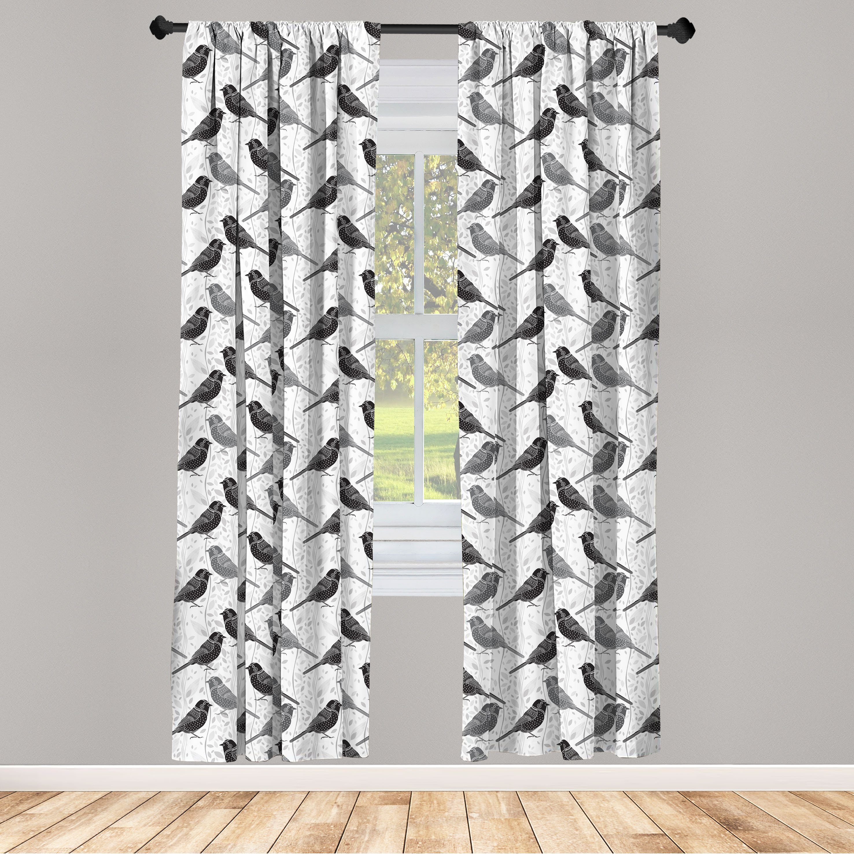 Gardine Vorhang für Wohnzimmer Schlafzimmer Dekor, Abakuhaus, Microfaser, Grau Vögel und Blumenmuster