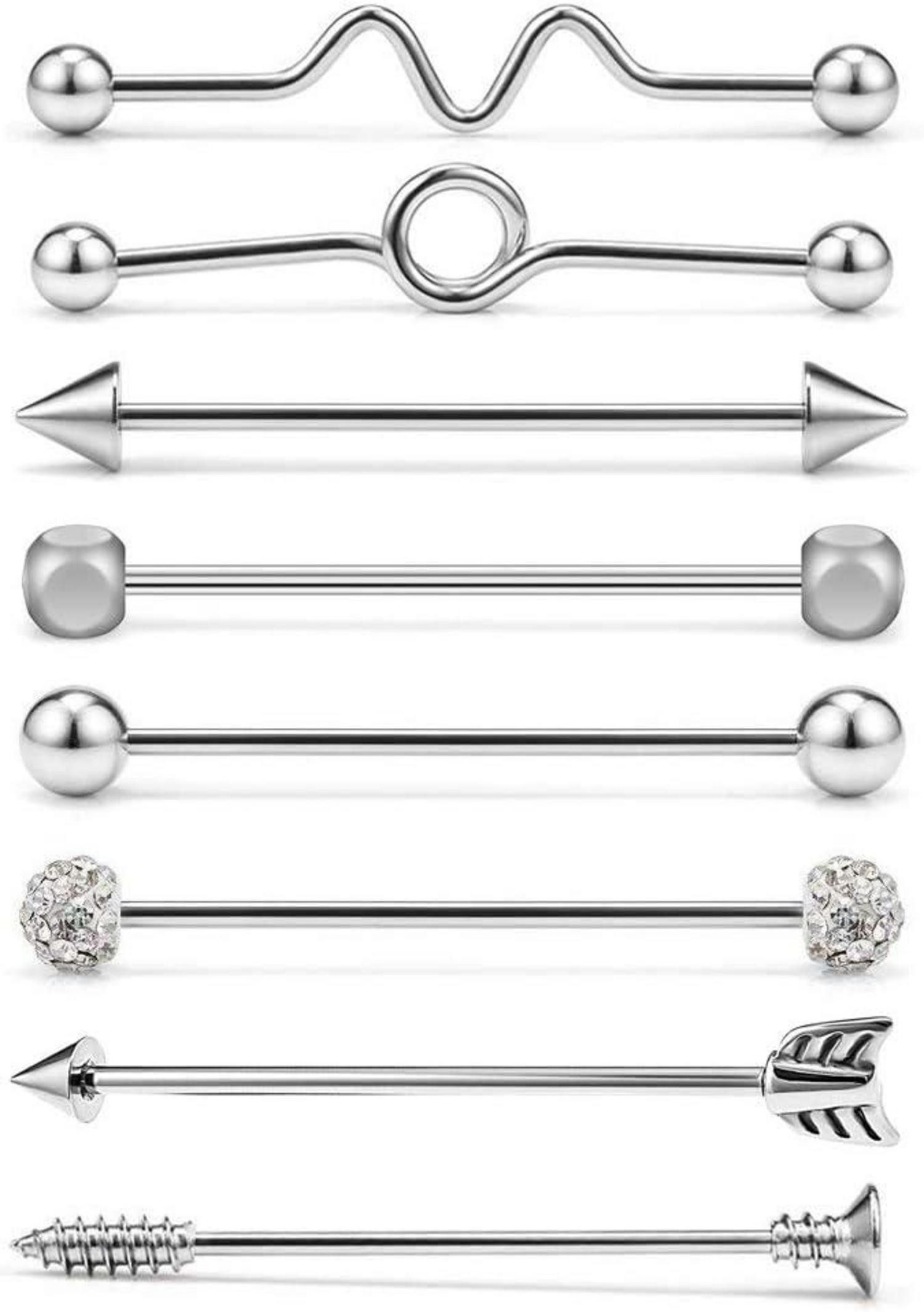 AceFun Piercing-Set Industrial Piercing Set 14G Stahl 38mm Zirkonia Ohrschmuck 8 Stile