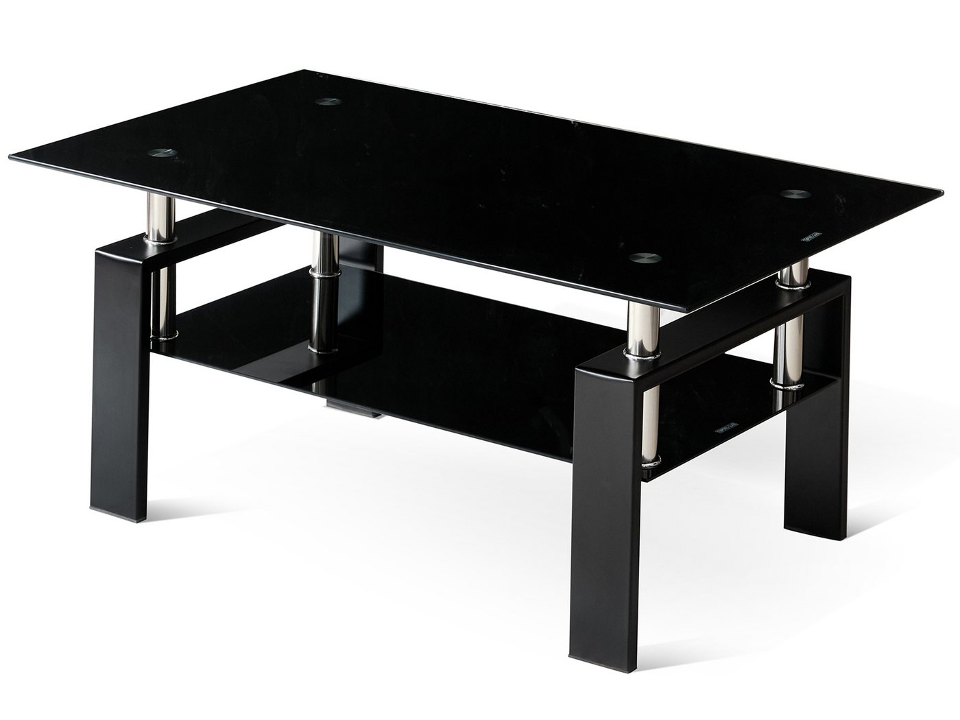 SeedWave Couchtisch Moderner Sofatisch bis 68kg, mit 100cm Glastischplatte, Metallbeinen, 2 Ebene Wohnzimmertisch mit Ablage