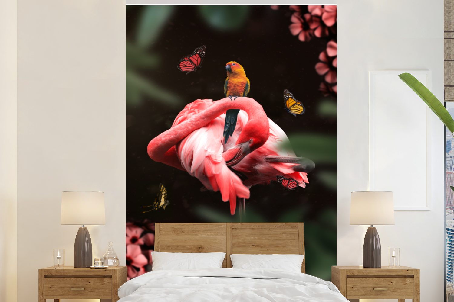 MuchoWow Fototapete Dschungel - Flamingo - Papagei - Schmetterling, Matt, bedruckt, (3 St), Montagefertig Vinyl Tapete für Wohnzimmer, Wandtapete