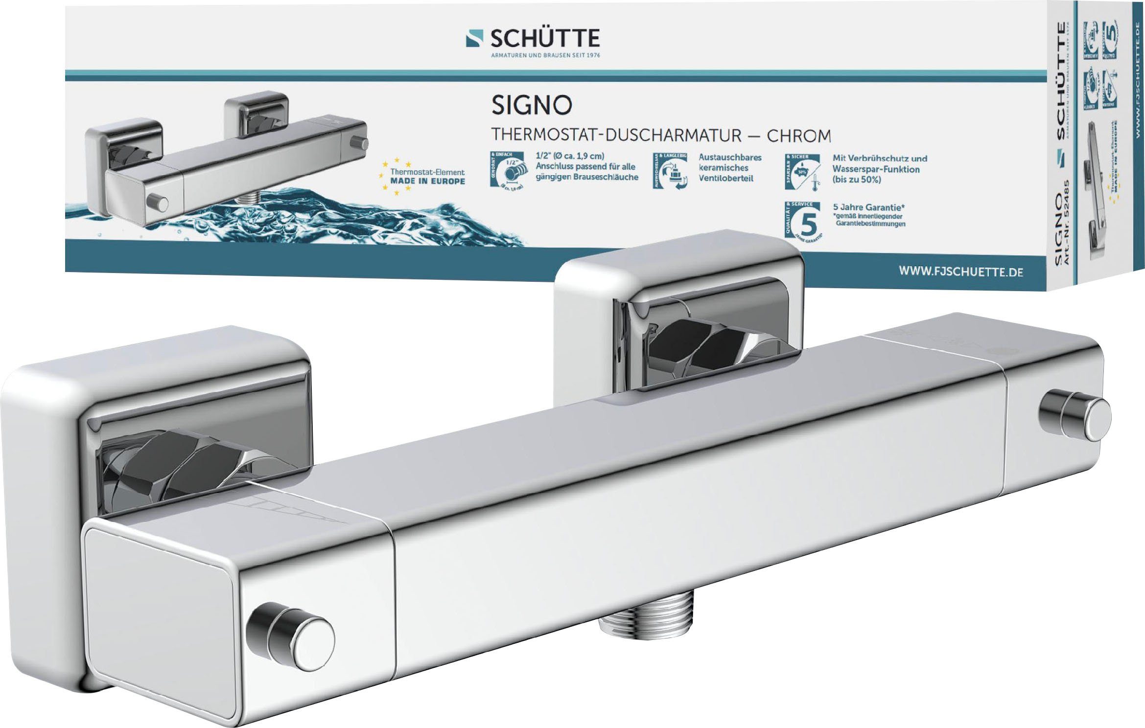 Schütte Duscharmatur Signo mit Thermostat, Mischbatterie Dusche, Duschthermostat in Chrom