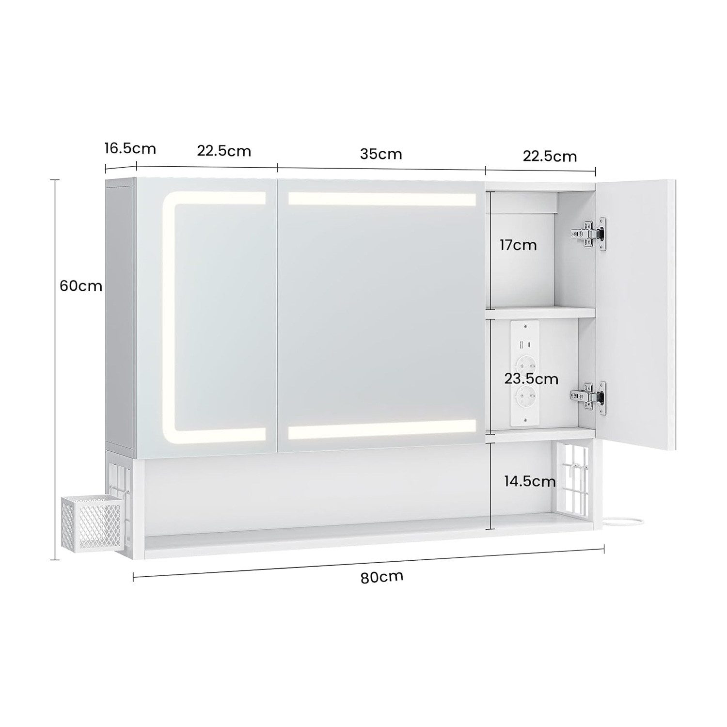 MSMASK Spiegelschrank mit LED-Beleuchtung und Steckdose, Badezimmerschrank mit verstellbarer Ablage, dimmbar, 60×17×60 cm – Bild 2 von 5
