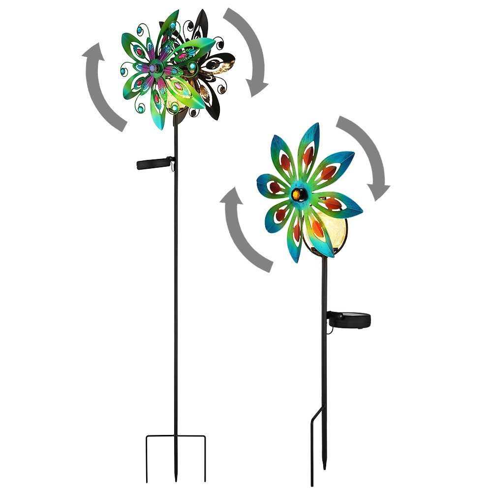 GLOBO LIGHTING LED Solarleuchte, LED-Leuchtmittel fest verbaut, Warmweiß, Solarleuchte Windrad Außenlampe Erdspieß Gartenlampe LED Blume bunt 2x