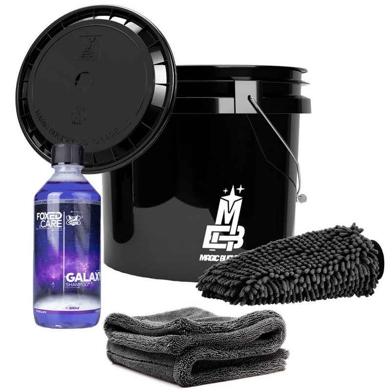 detailmate Reinigungs-Set Magic Bucket Waschset + Zubehör Black Set, Wascheimer mit Deckel - Mikrofasertuch - Autoshampoo - Waschhandschuh
